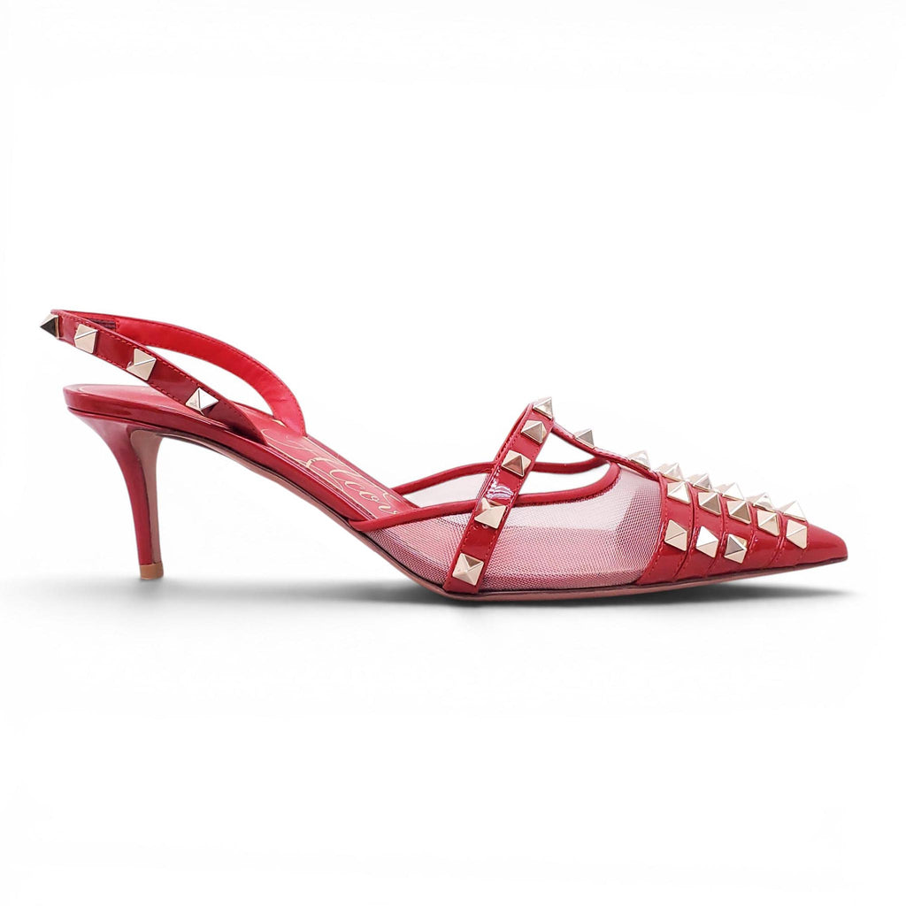 VALENTINO RED ALCOVE ROCKSTUD HEELS WITH MESH DETAIL - SIZE 39