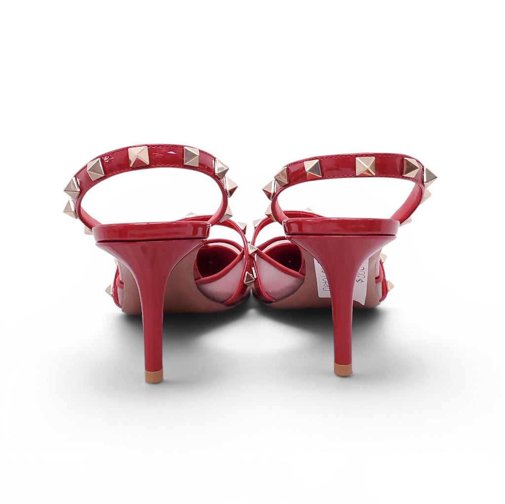 VALENTINO RED ALCOVE ROCKSTUD HEELS WITH MESH DETAIL - SIZE 39
