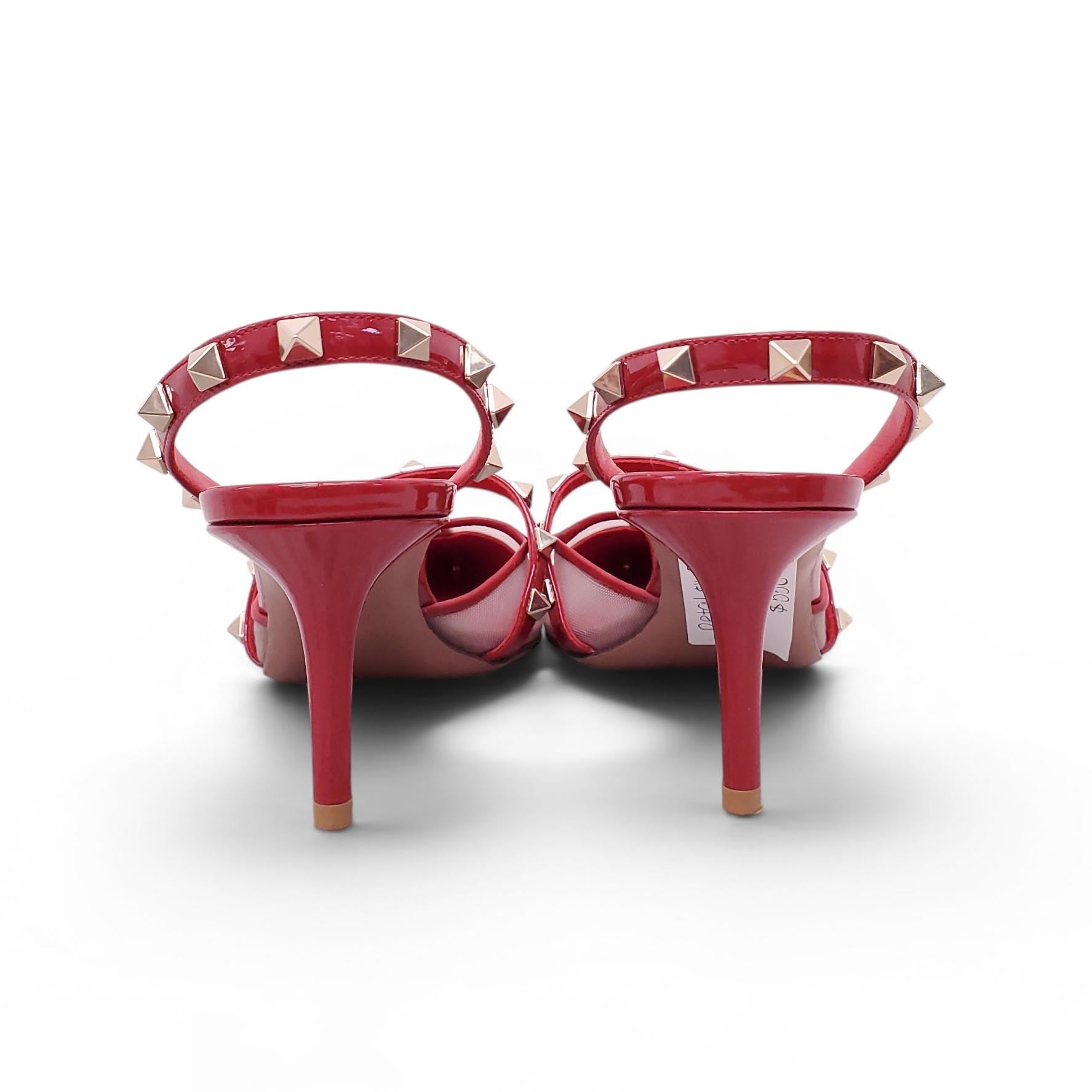 VALENTINO RED ALCOVE ROCKSTUD HEELS WITH MESH DETAIL - SIZE 39