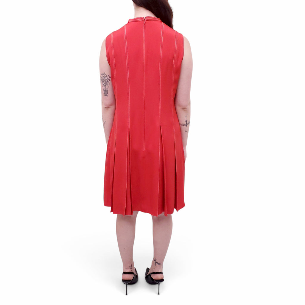 VALENTINO RED PLEATED DRESS WITH WHITE STITCHING - SIZE 8