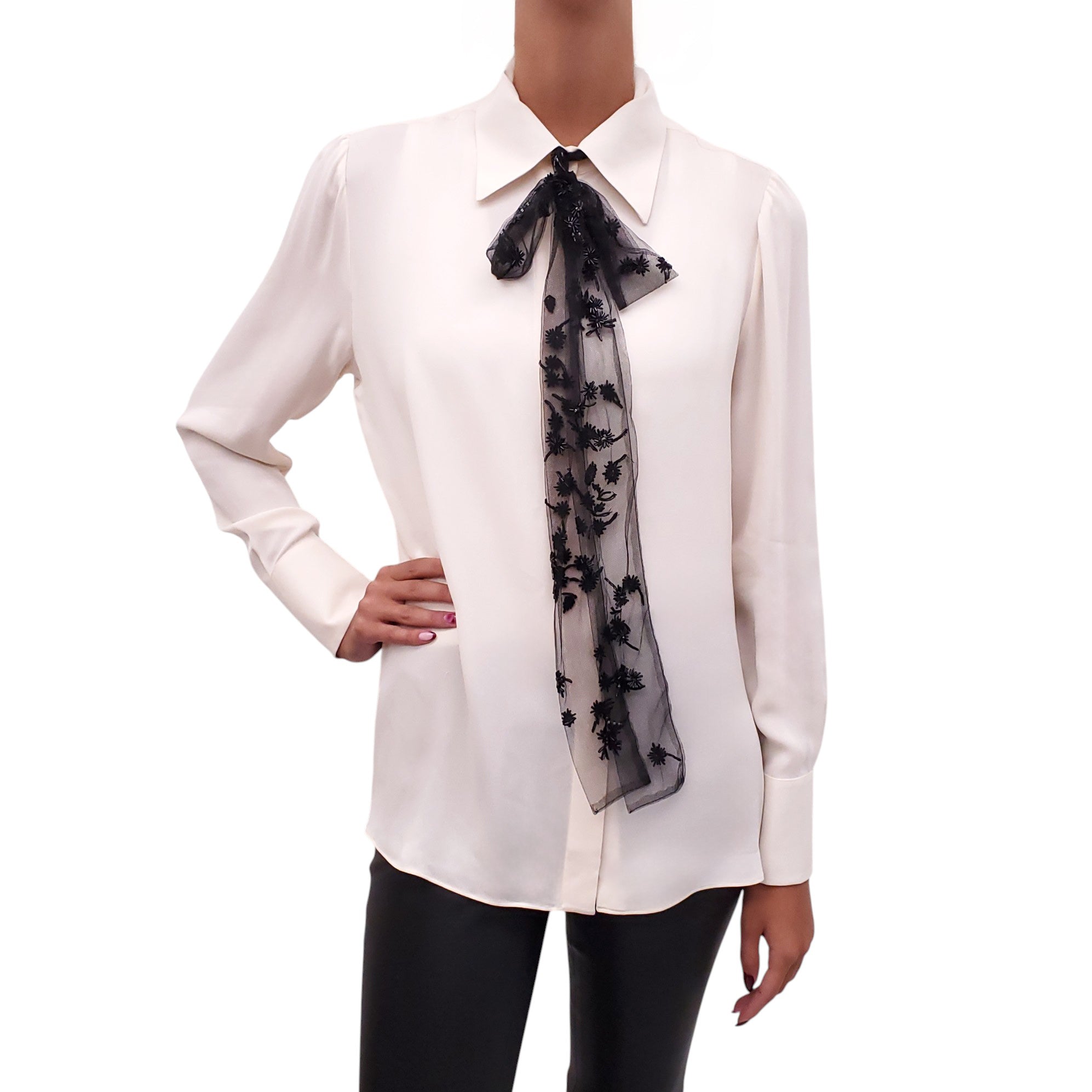 VALENTINO SILK BLOUSE WITH TULLE BEADING DETAIL - SIZE 6