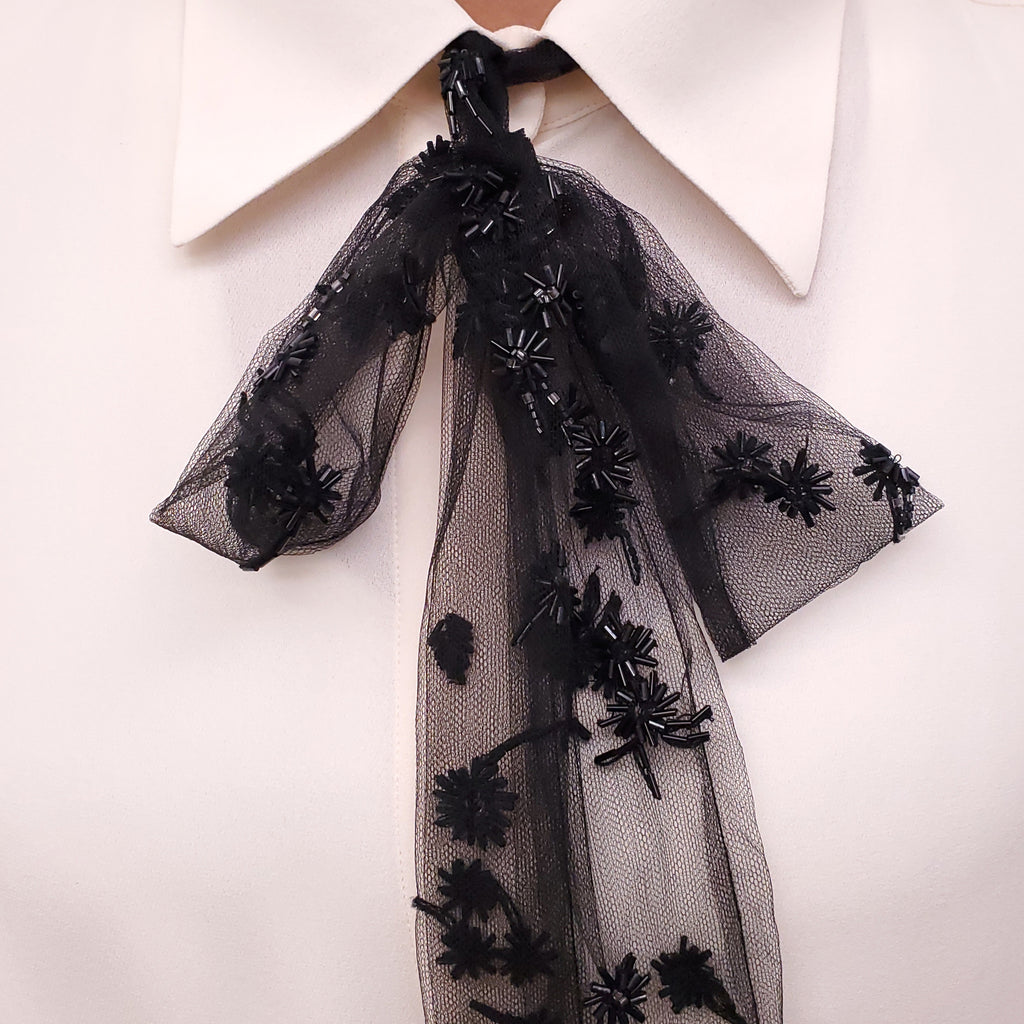 VALENTINO SILK BLOUSE WITH TULLE BEADING DETAIL - SIZE 6