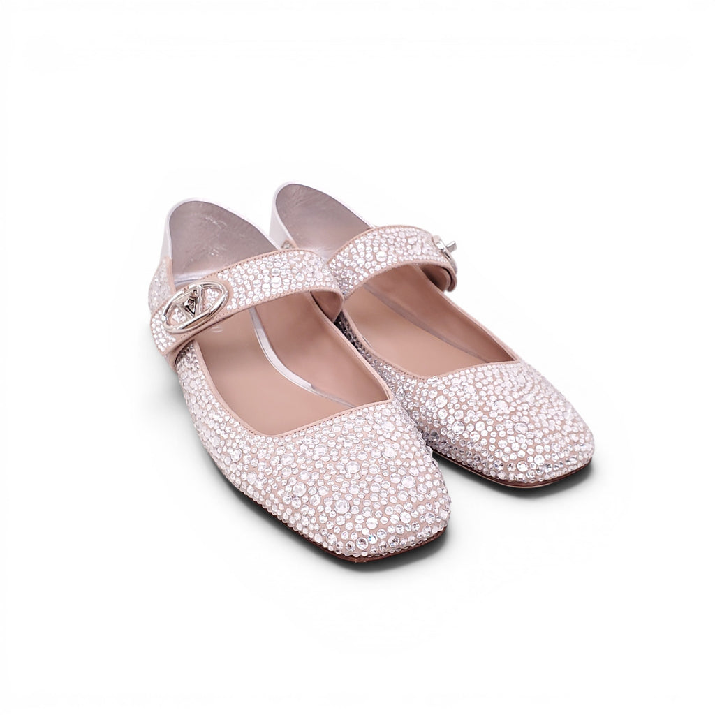 VALENTINO SILVER CRYSTAL MARYJANE FLATS WITH LOGO - SIZE 39
