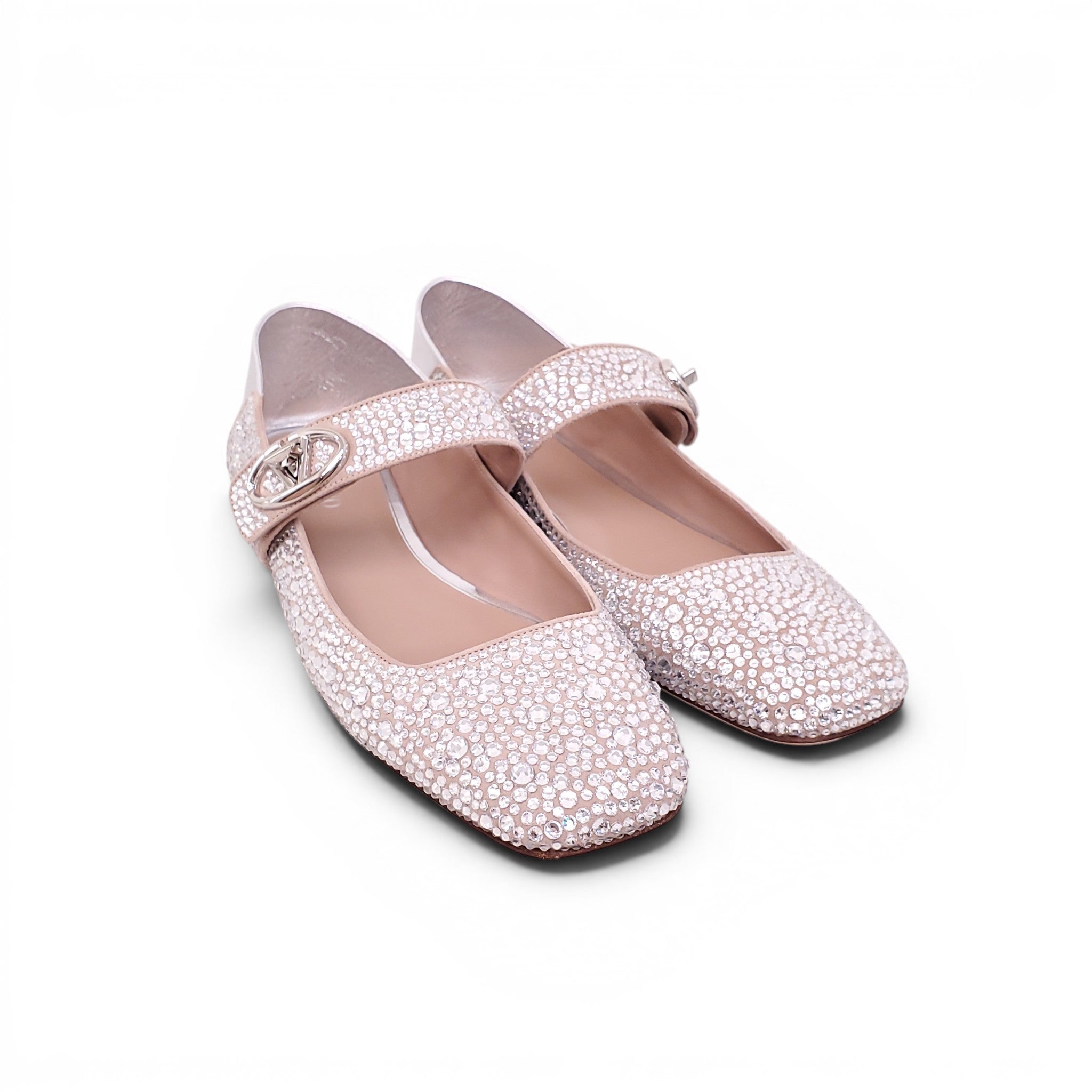 VALENTINO SILVER CRYSTAL MARYJANE FLATS WITH LOGO - SIZE 39