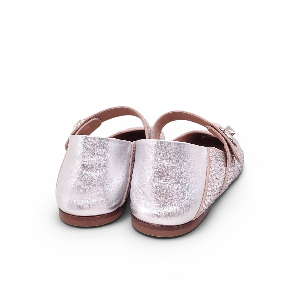 VALENTINO SILVER CRYSTAL MARYJANE FLATS WITH LOGO - SIZE 39