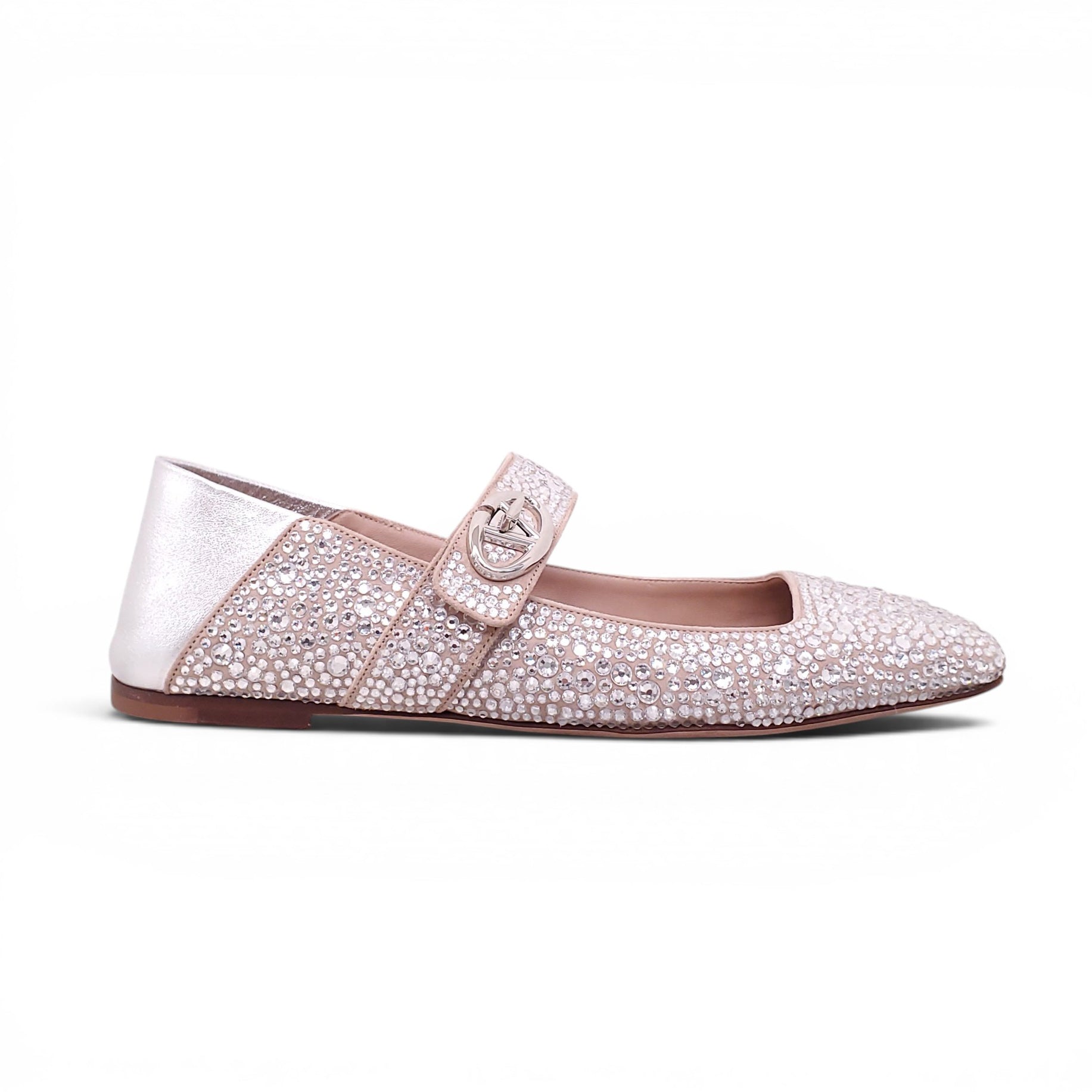 VALENTINO SILVER CRYSTAL MARYJANE FLATS WITH LOGO - SIZE 39