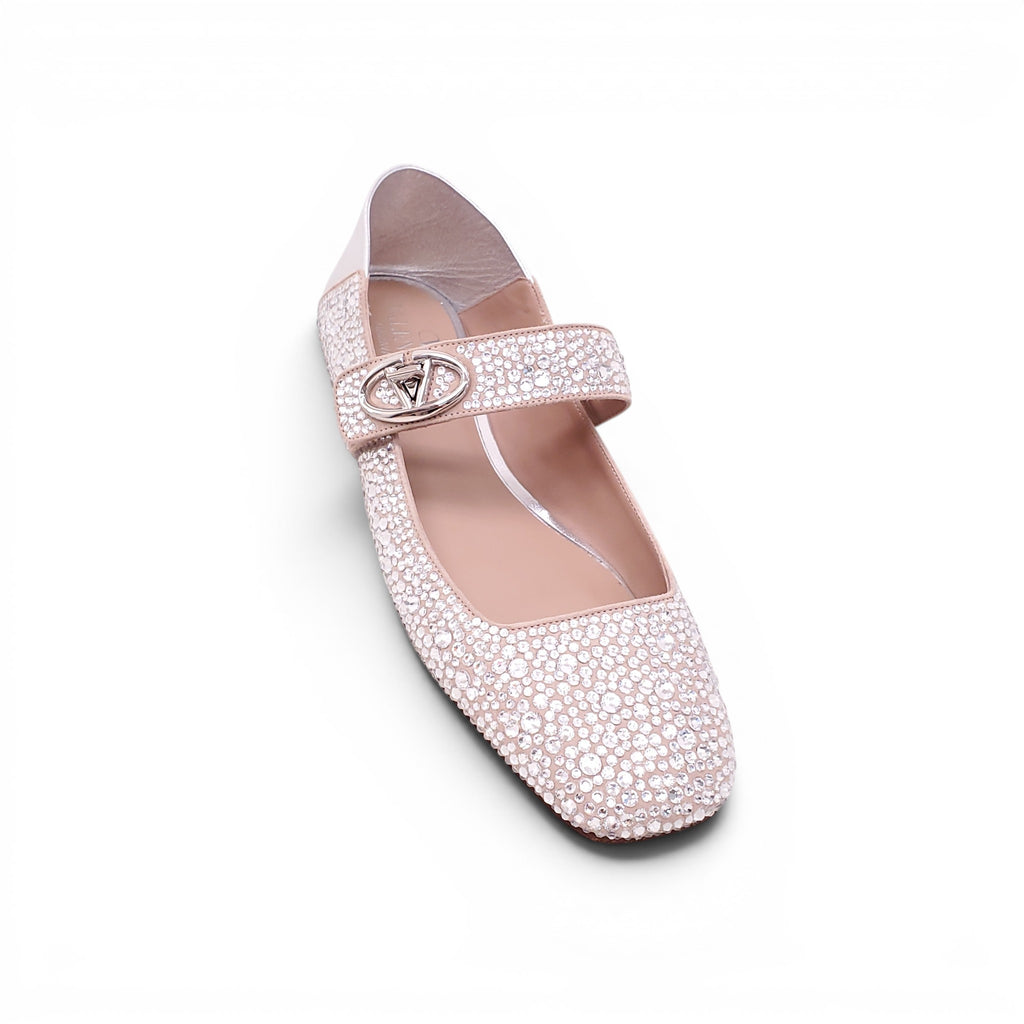 VALENTINO SILVER CRYSTAL MARYJANE FLATS WITH LOGO - SIZE 39