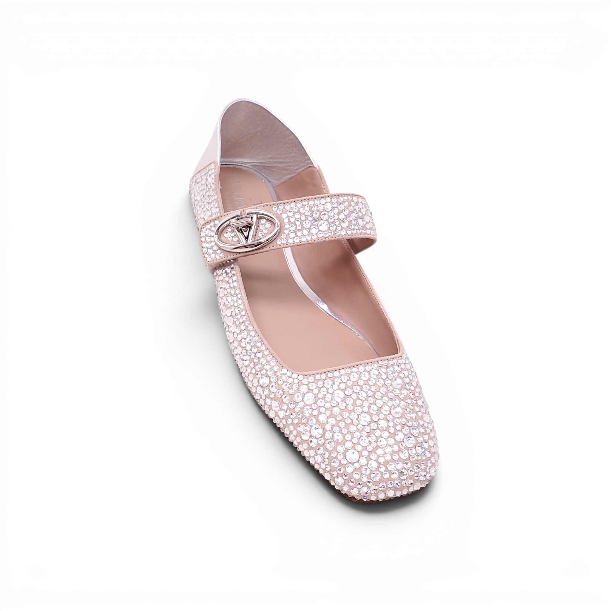 VALENTINO SILVER CRYSTAL MARYJANE FLATS WITH LOGO - SIZE 39