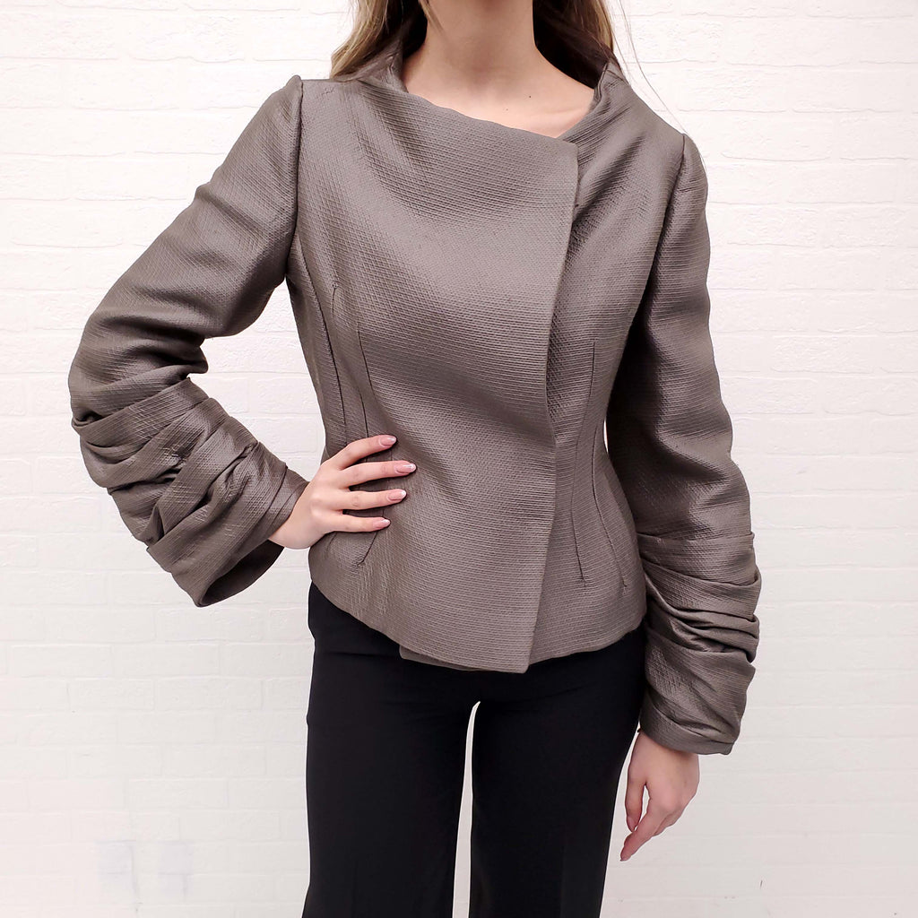 VALENTINO TAUPE COLLARLESS JACKET WITH RUCHED SLEEVES - SIZE 10