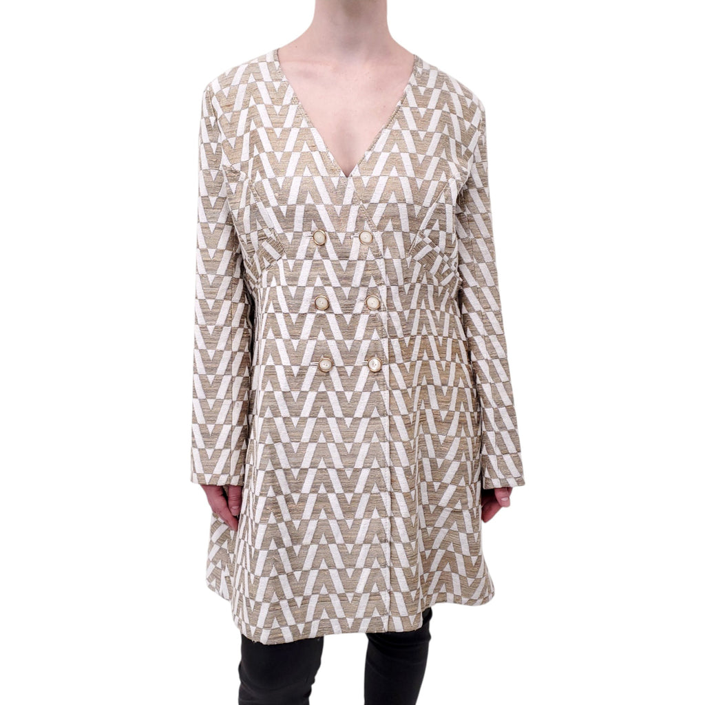 VALENTINO TUSSAH IVORY & GOLD V BROCADE COAT - SIZE 44