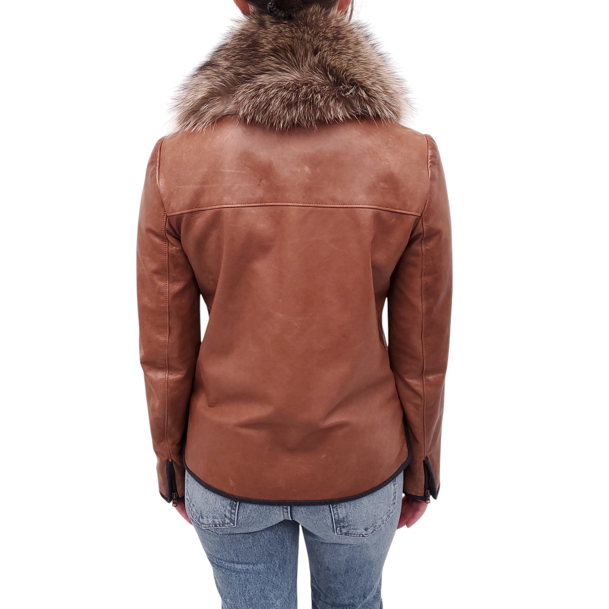 VERONICA BEARD LEATHER JACKET WITH GREY LINING DETAIL AND FUR COLLAR - SIZE 2