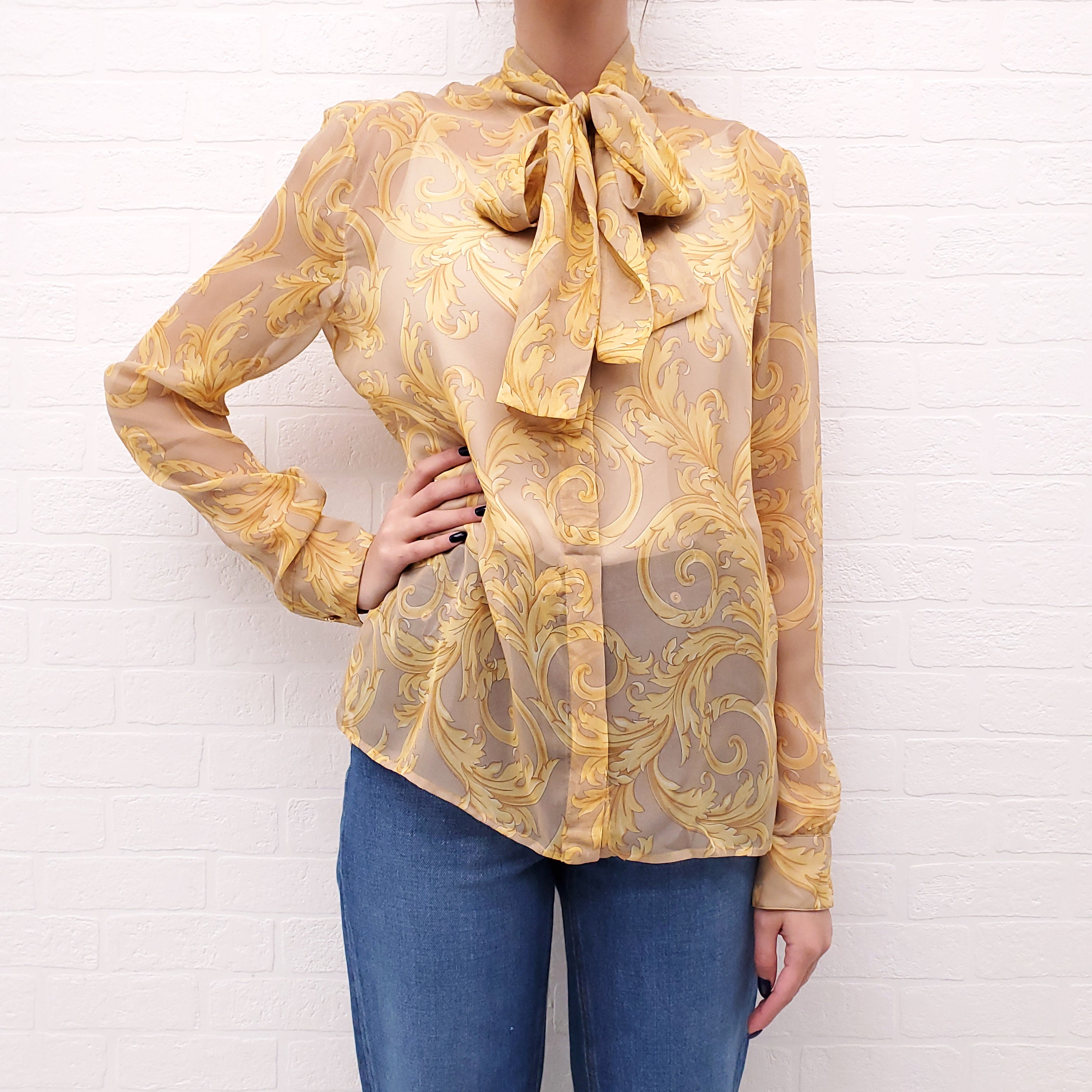 VERSACE SILK BAROQUE PRINT BLOUSE WITH SCARF - SIZE 44