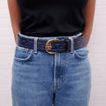 VERSACE BLACK AND BLUE LEATHER PRINTED LOGO BELT - SIZE 95
