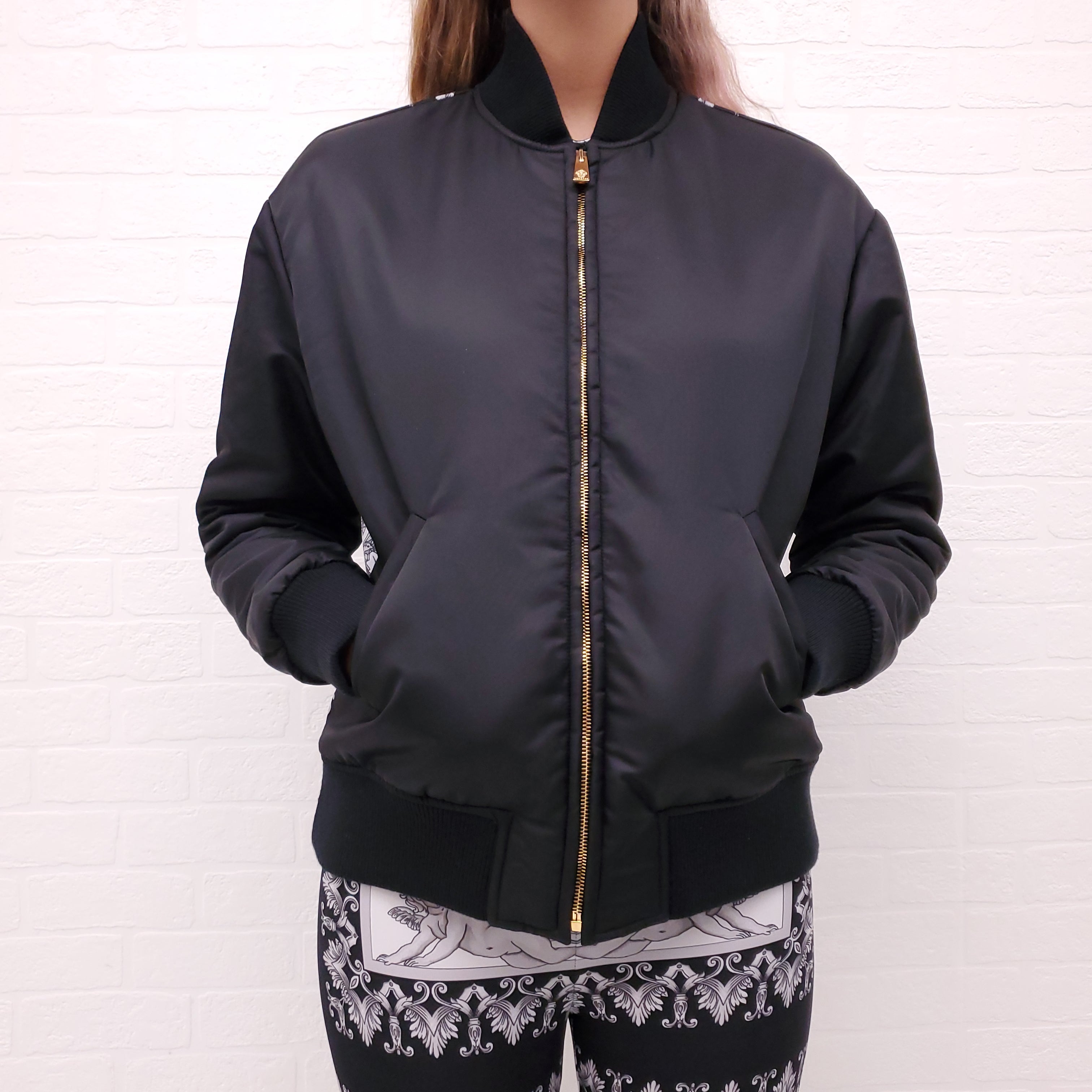VERSACE BLACK BOMBER JACKET WITH WHITE AND GREY MEDUSA PRINT - SIZE 38