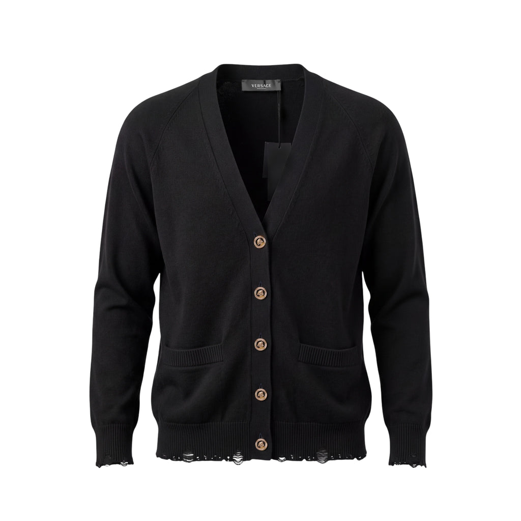 VERSACE BLACK BOXY 95% CASHMERE CARDIGAN WITH MEDUSA LOGO BUTTONS - SIZE 38
