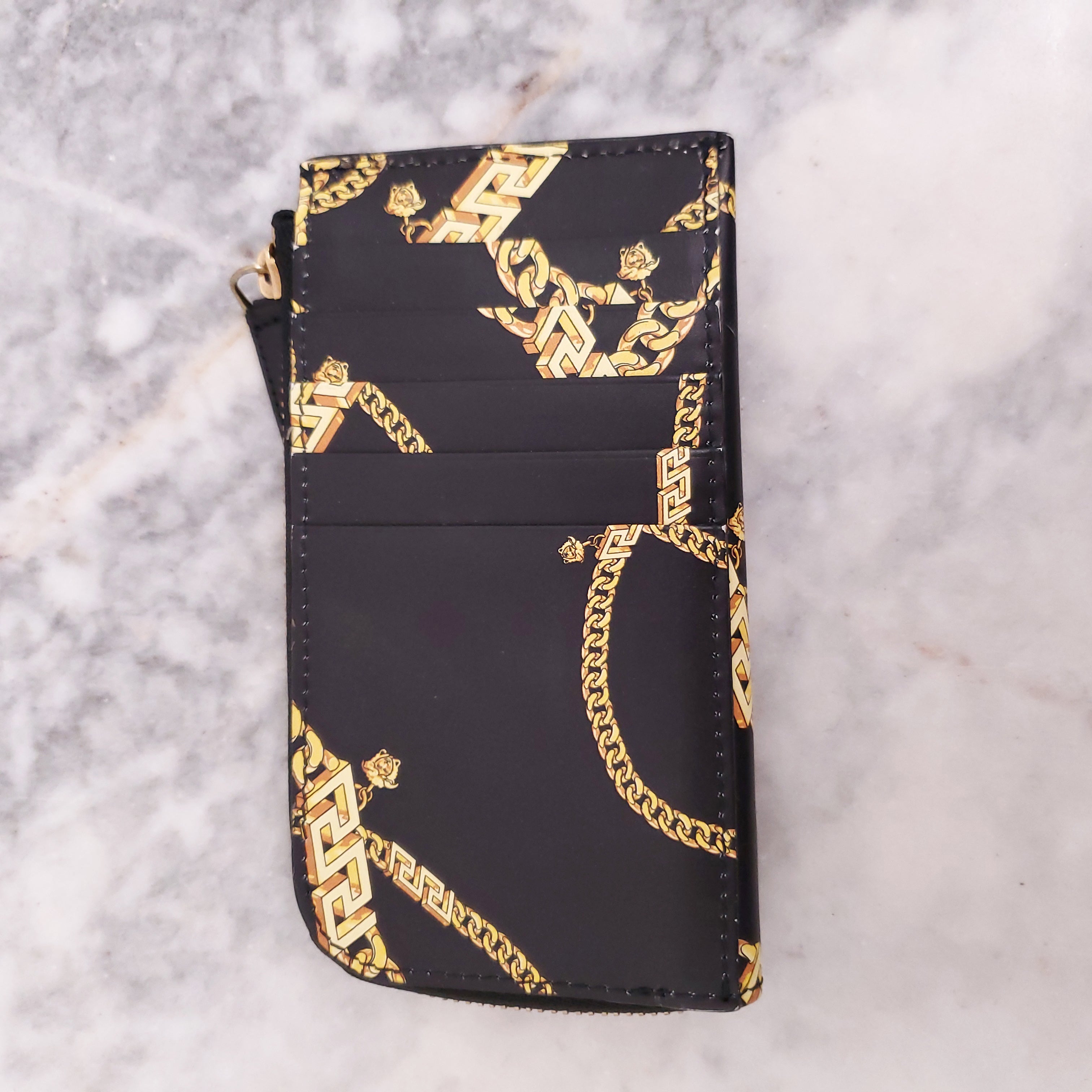 VERSACE BLACK CHAIN PRINT LEATHER CARD CASE WITH KEYCHAIN