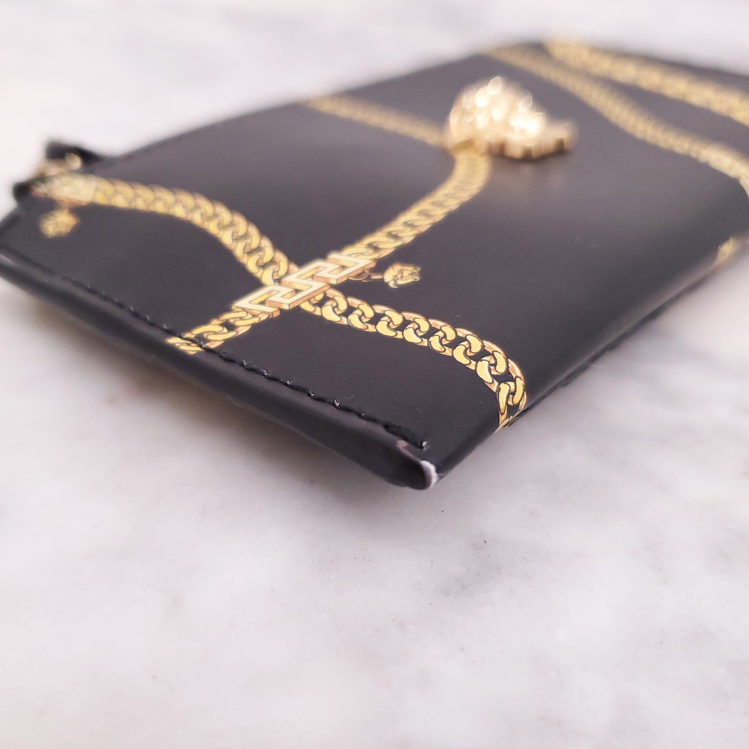 VERSACE BLACK CHAIN PRINT LEATHER CARD CASE WITH KEYCHAIN