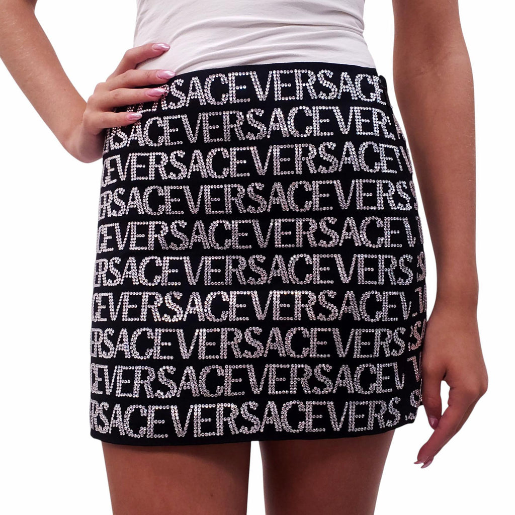 VERSACE BLACK CRYSTAL LOGO MINI SKIRT - SIZE 38