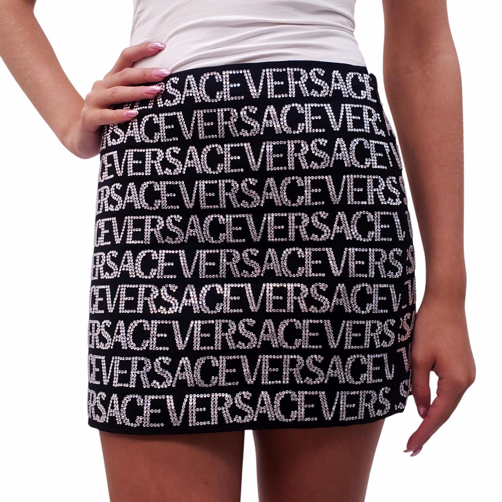 VERSACE BLACK CRYSTAL LOGO MINI SKIRT - SIZE 38