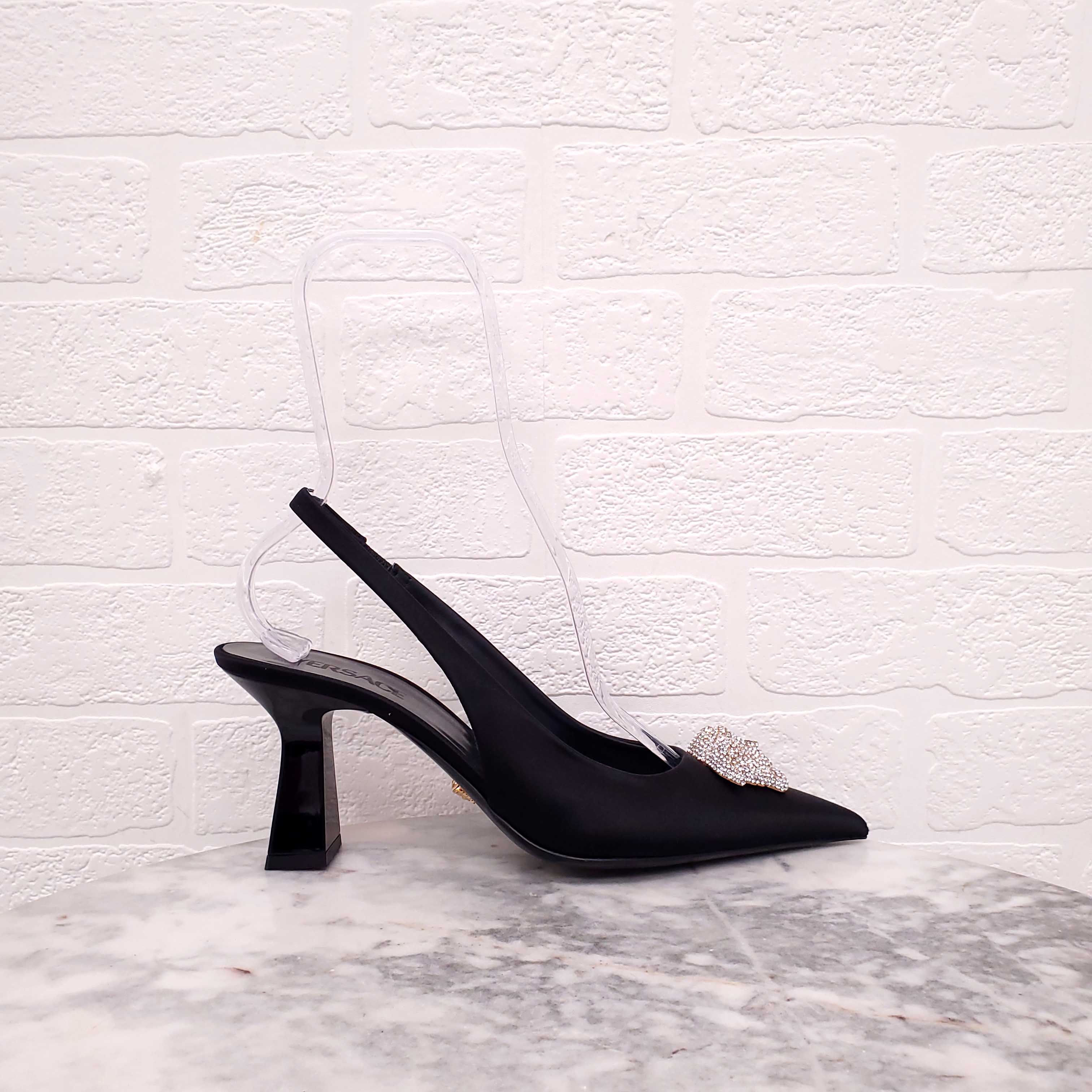 VERSACE BLACK CRYSTAL SATIN PUMPS - SIZE 39.5