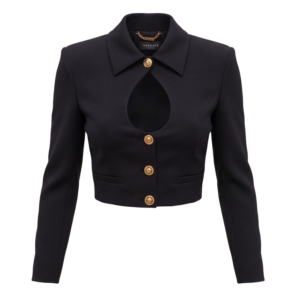 VERSACE BLACK KEYHOLE JACKET WITH GOLD MEDUSA BUTTONS - SIZE 38