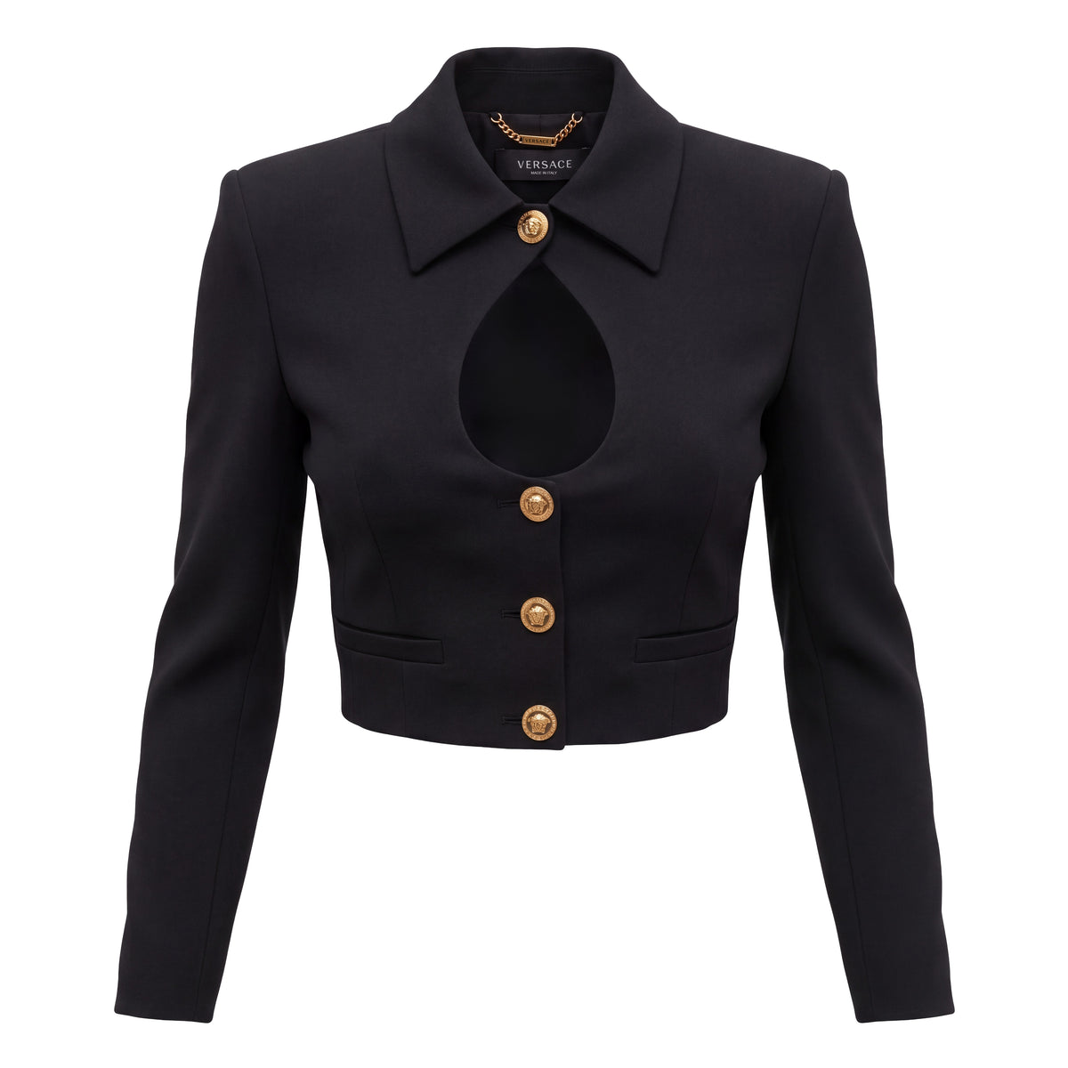 VERSACE BLACK KEYHOLE JACKET WITH GOLD MEDUSA BUTTONS - SIZE 38