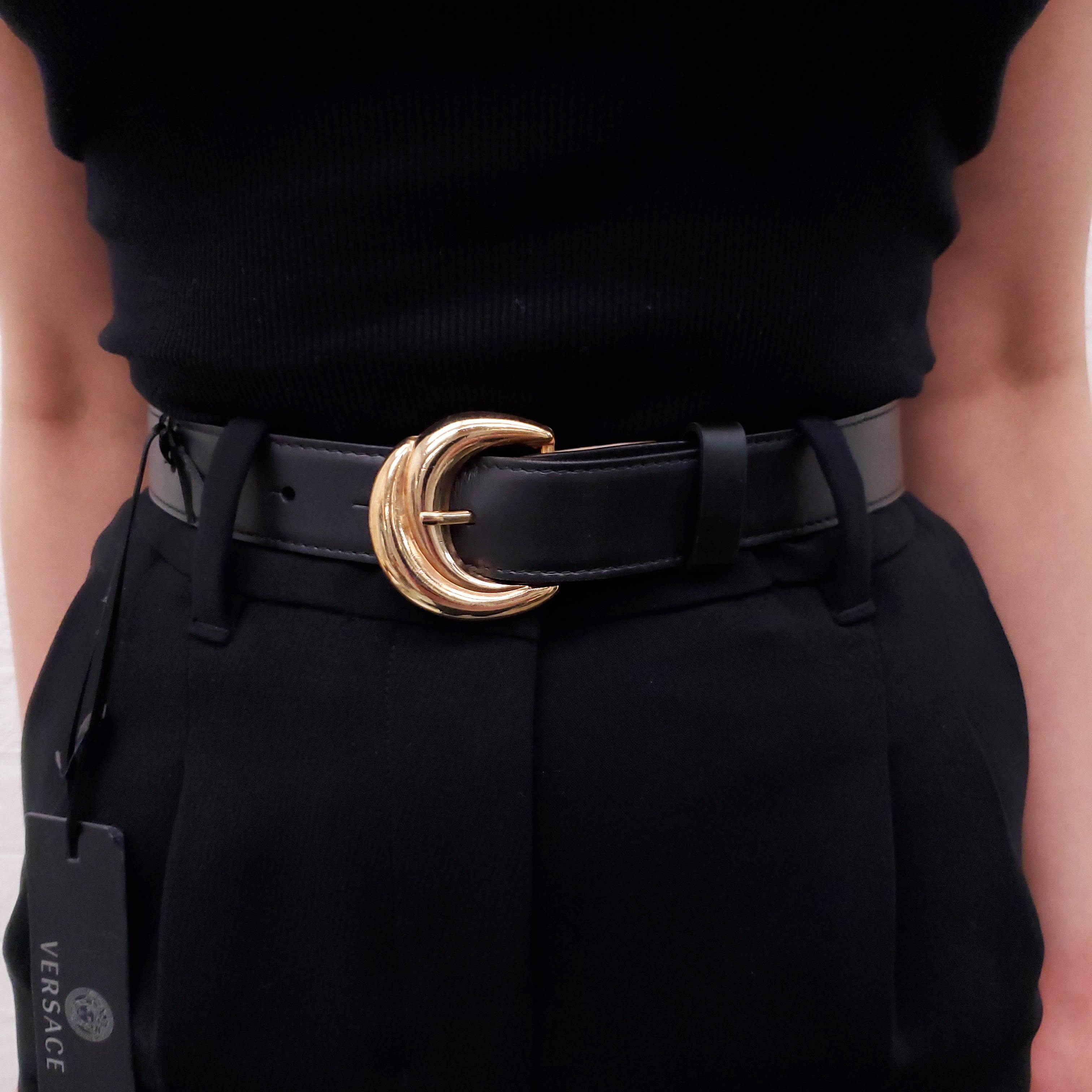 VERSACE BLACK LEATHER BELT WITH GOLD BUCKLE - SIZE 60