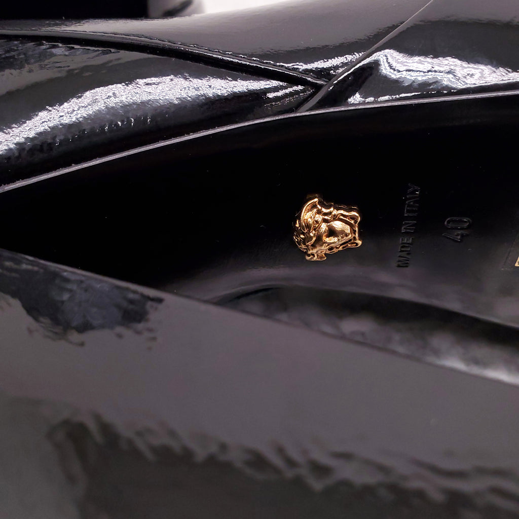 VERSACE BLACK PATENT PLATFORM BOOTS - SIZE 40