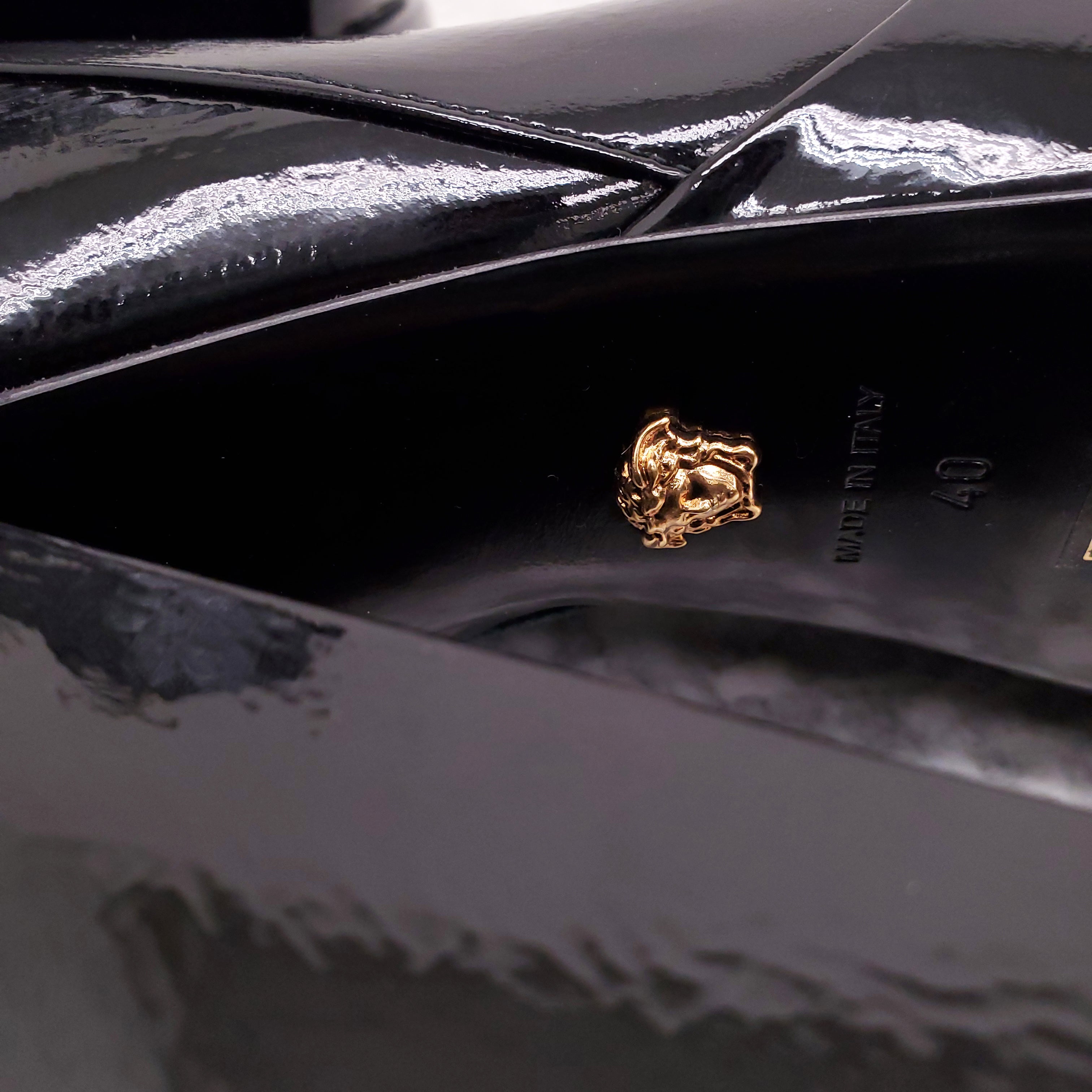 VERSACE BLACK PATENT PLATFORM BOOTS - SIZE 40