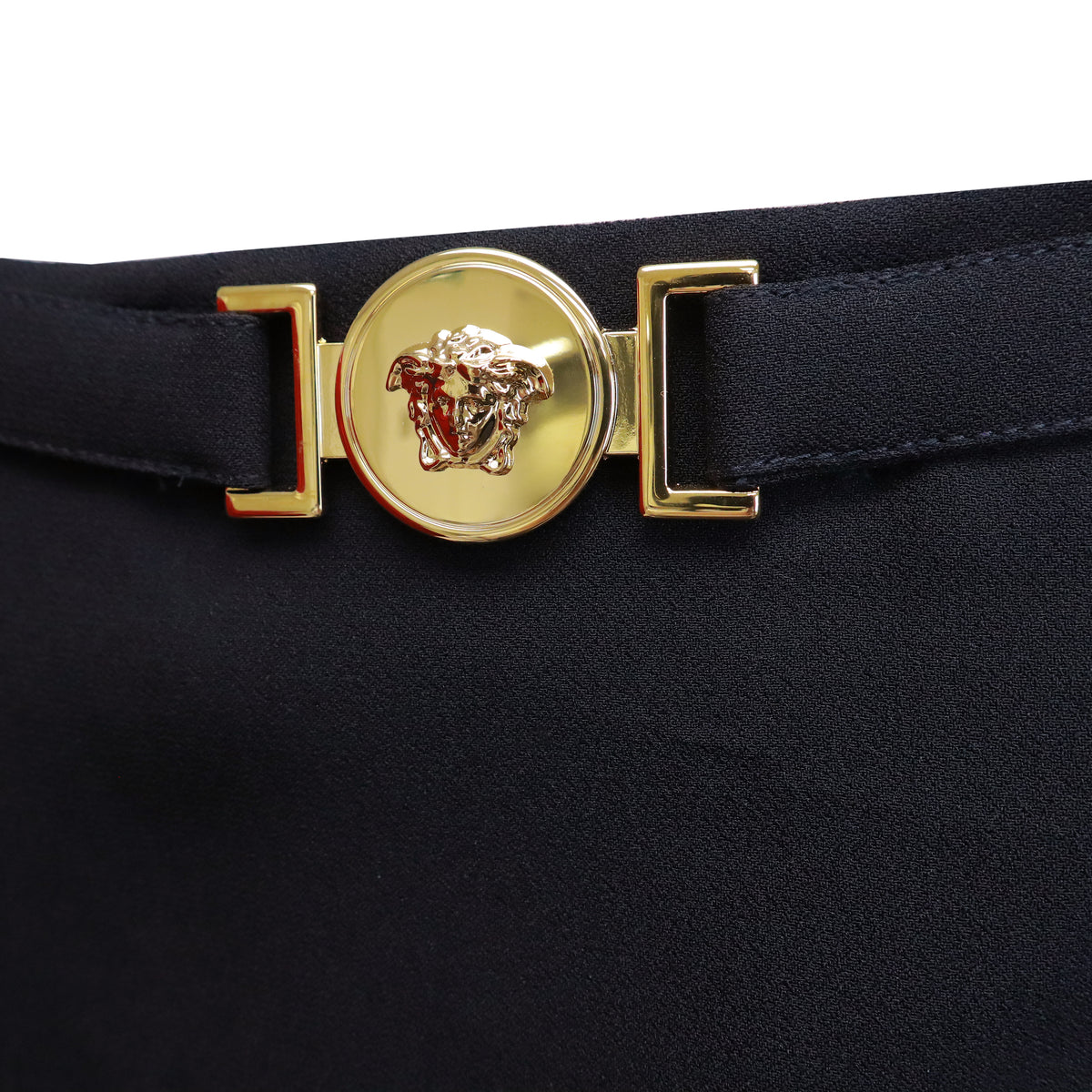 VERSACE BLACK SKIRT WITH GOLD MEDUSA BELT DETAIL - SIZE 40