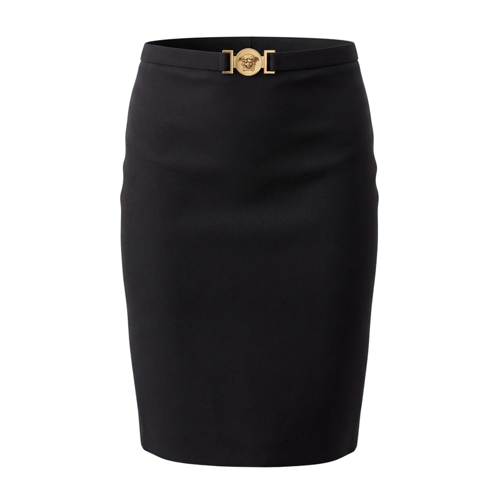 VERSACE BLACK SKIRT WITH GOLD MEDUSA BELT DETAIL - SIZE 40