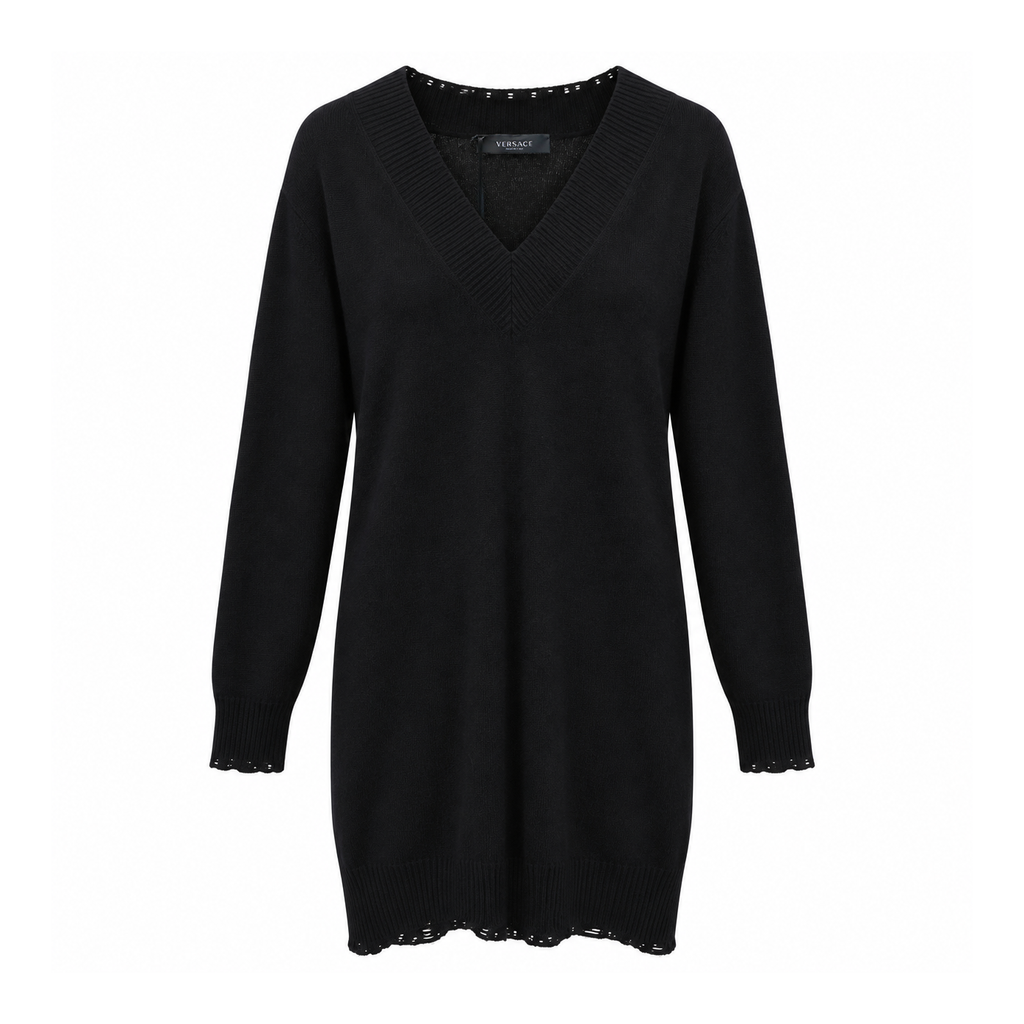 VERSACE BLACK V-NECK DISTRESSED DETAIL TUNIC SWEATER - SIZE 36