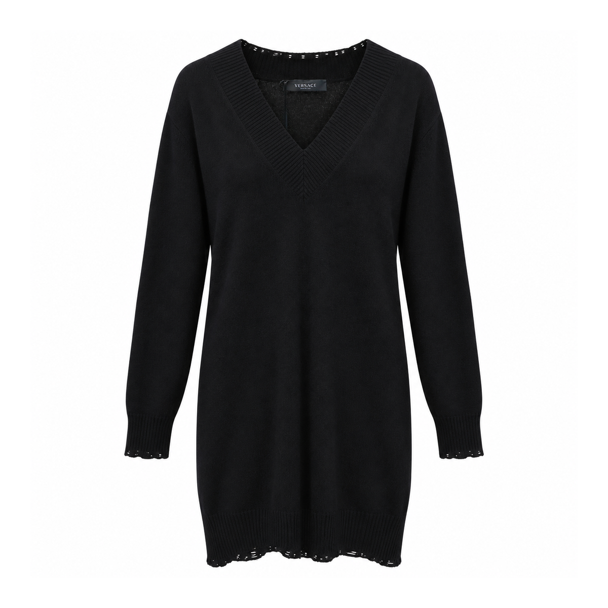 VERSACE BLACK V-NECK DISTRESSED DETAIL TUNIC SWEATER - SIZE 36