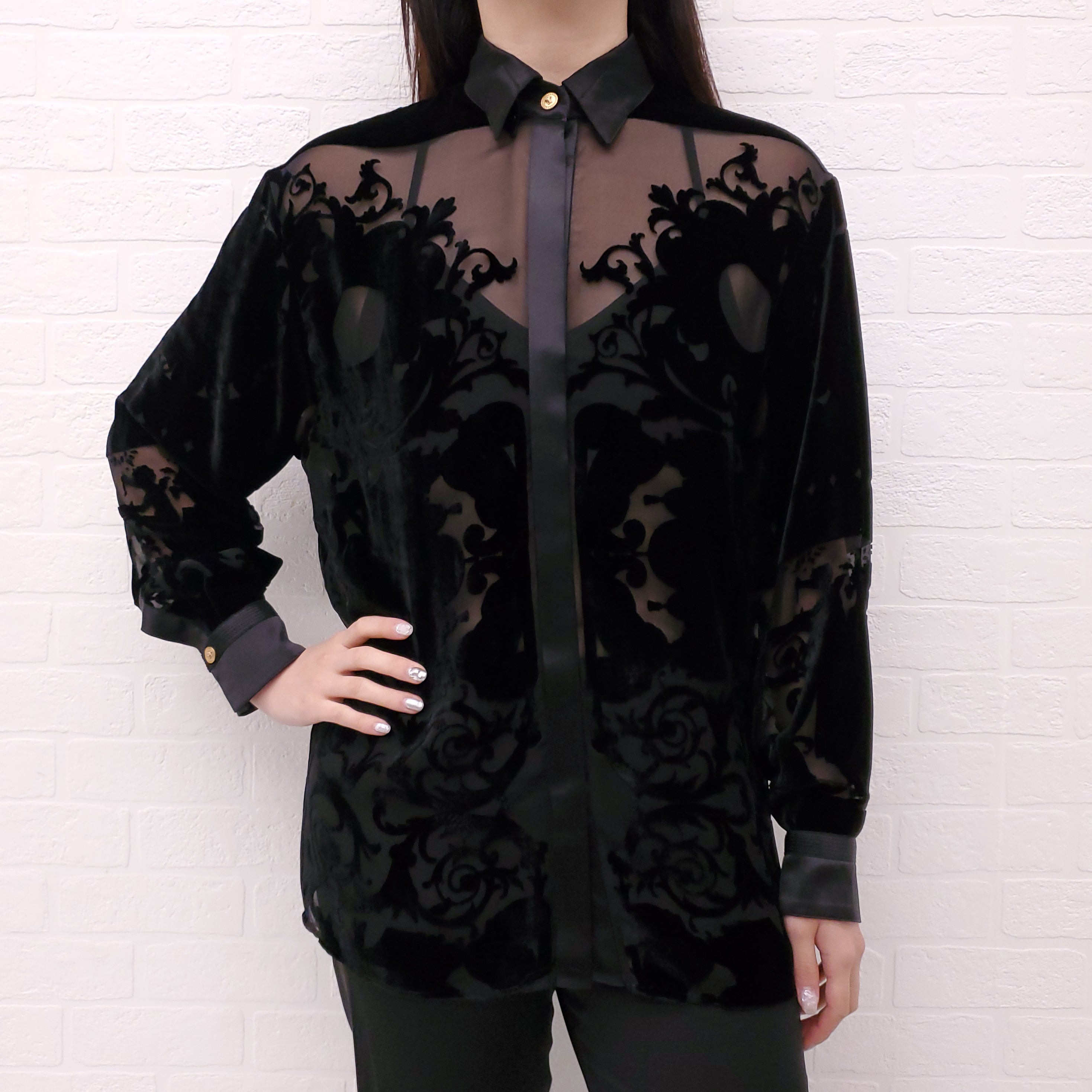 VERSACE BLACK VELVET BLOUSE WITH MEDUSA BUTTONS - SIZE 38