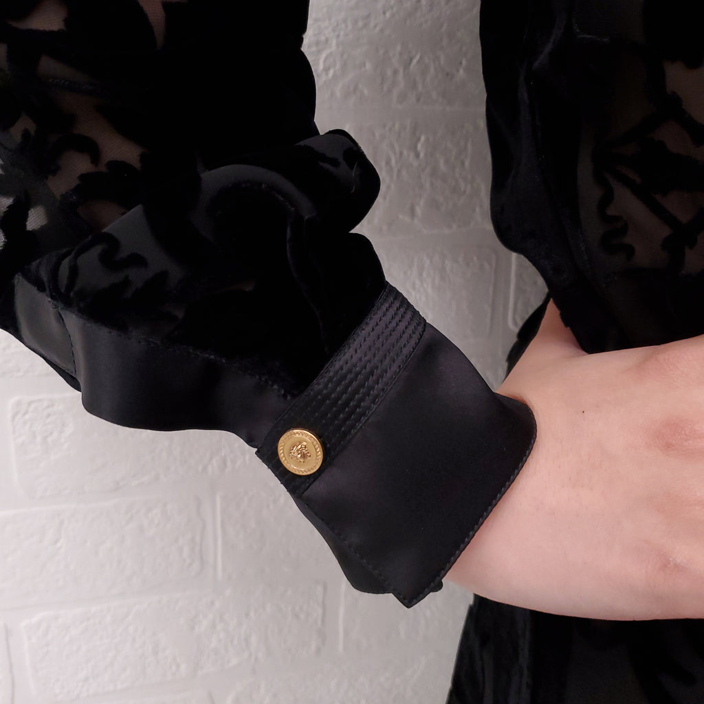 VERSACE BLACK VELVET BLOUSE WITH MEDUSA BUTTONS - SIZE 38