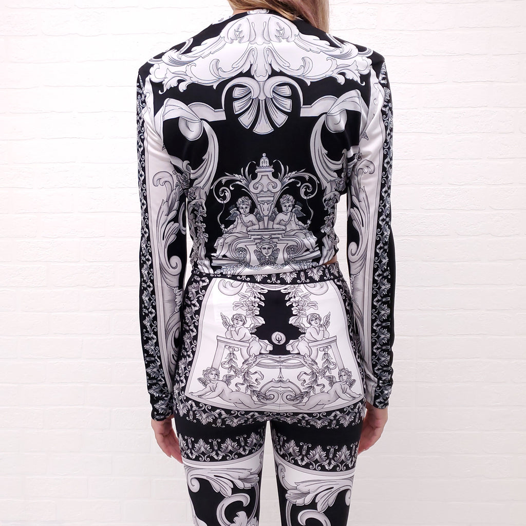 VERSACE BLACK, WHITE AND GREY BAROQUE CUT OUT CROP TOP WITH MEDUSA BUTTON - SIZE 46