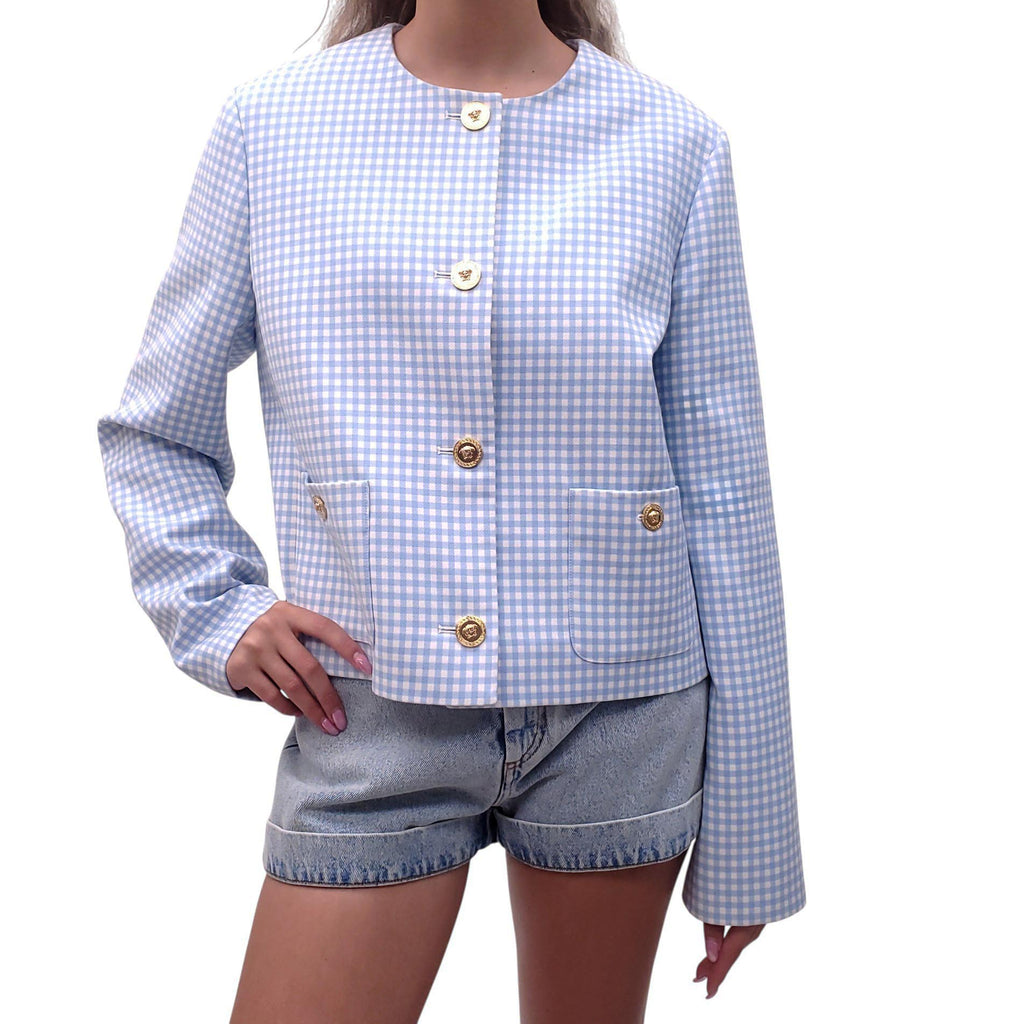 VERSACE BLUE GINGHAM JACKET WITH MEDUSA BUTTONS - SIZE 48