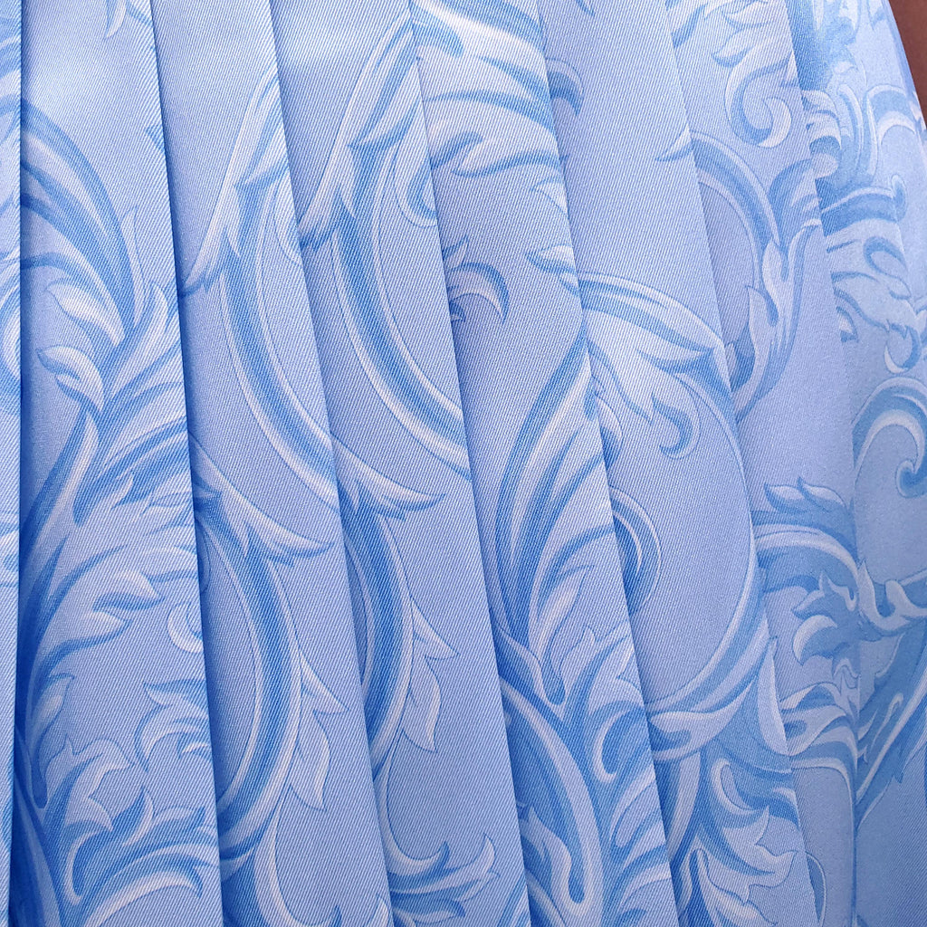 VERSACE BLUE TWILL BAROQUE LEAF ALLOVER PLEATED SKIRT - SIZE 40