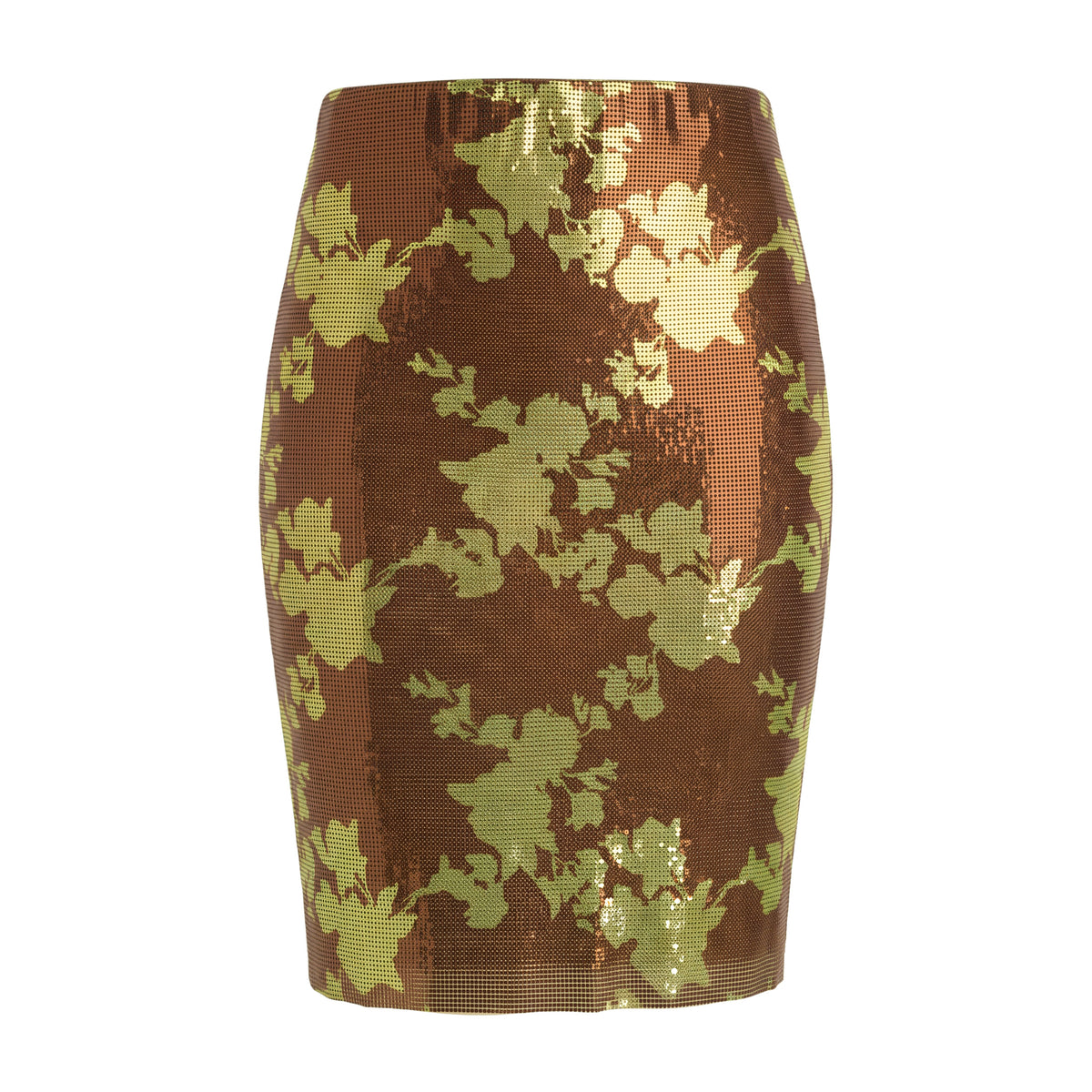 VERSACE BROWN AND GREEN FLORAL CHAINMAIL SKIRT - SIZE 38