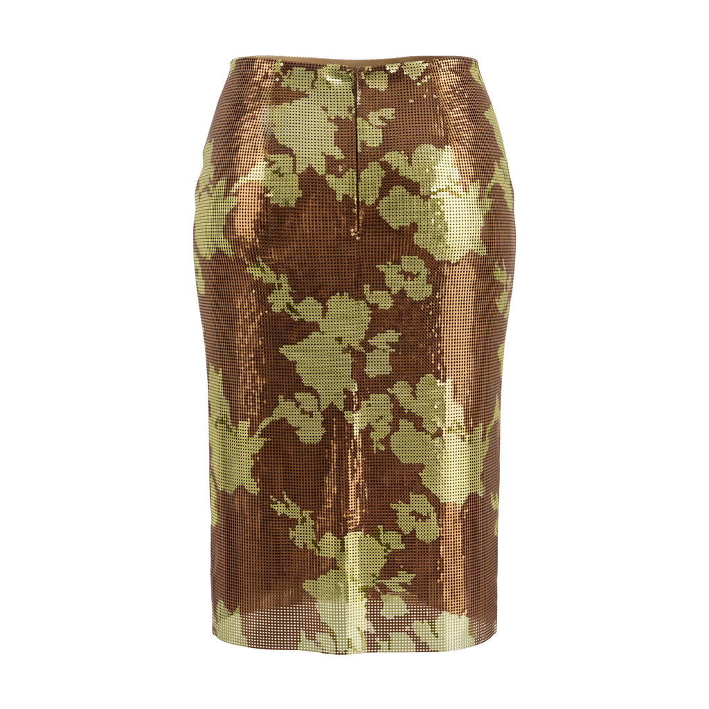 VERSACE BROWN AND GREEN FLORAL CHAINMAIL SKIRT - SIZE 38