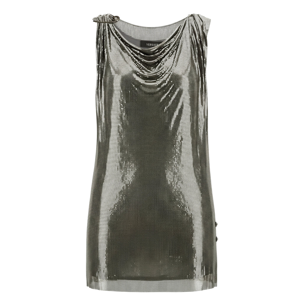 VERSACE SILVER CHAINMAIL DRESS WITH MEDUSA SAFETY PIN - SIZE 42