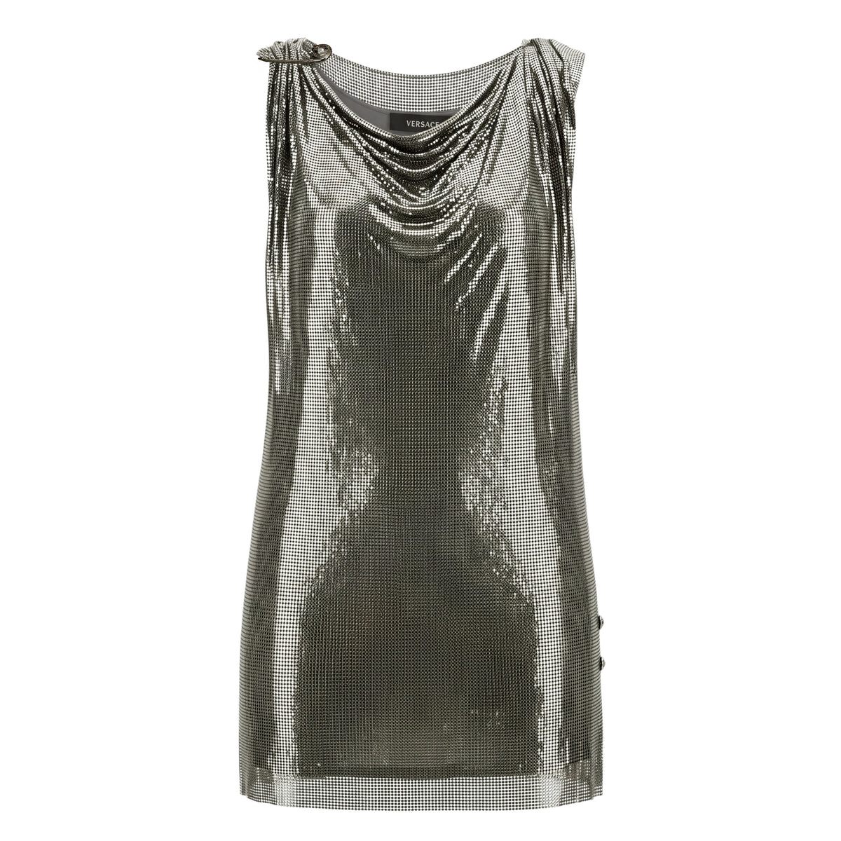 VERSACE SILVER CHAINMAIL DRESS WITH MEDUSA SAFETY PIN - SIZE 42