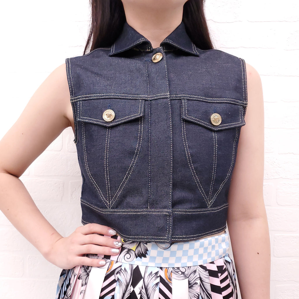 VERSACE DENIM CROPPED VEST WITH MEDUSA BUTTONS - SIZE 38
