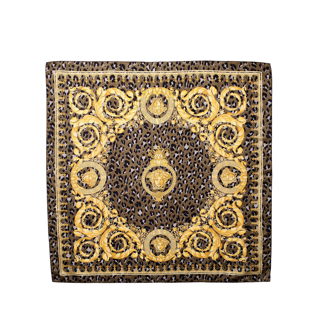 VERSACE GOLD AND BROWN SCARF WITH ANIMAL PRINT DETAIL
