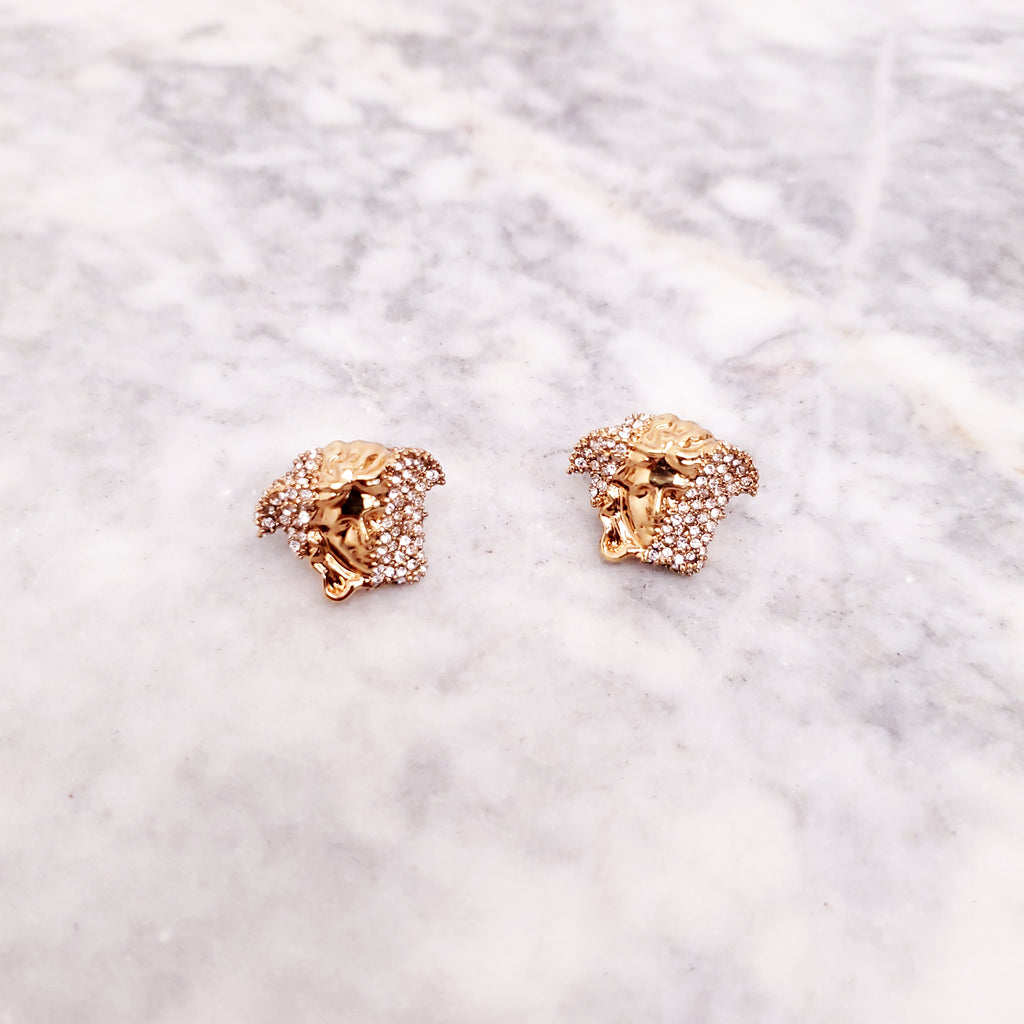 VERSACE GOLD PLATED CRYSTAL EMBELLISHED MEDUSA STUD EARRINGS