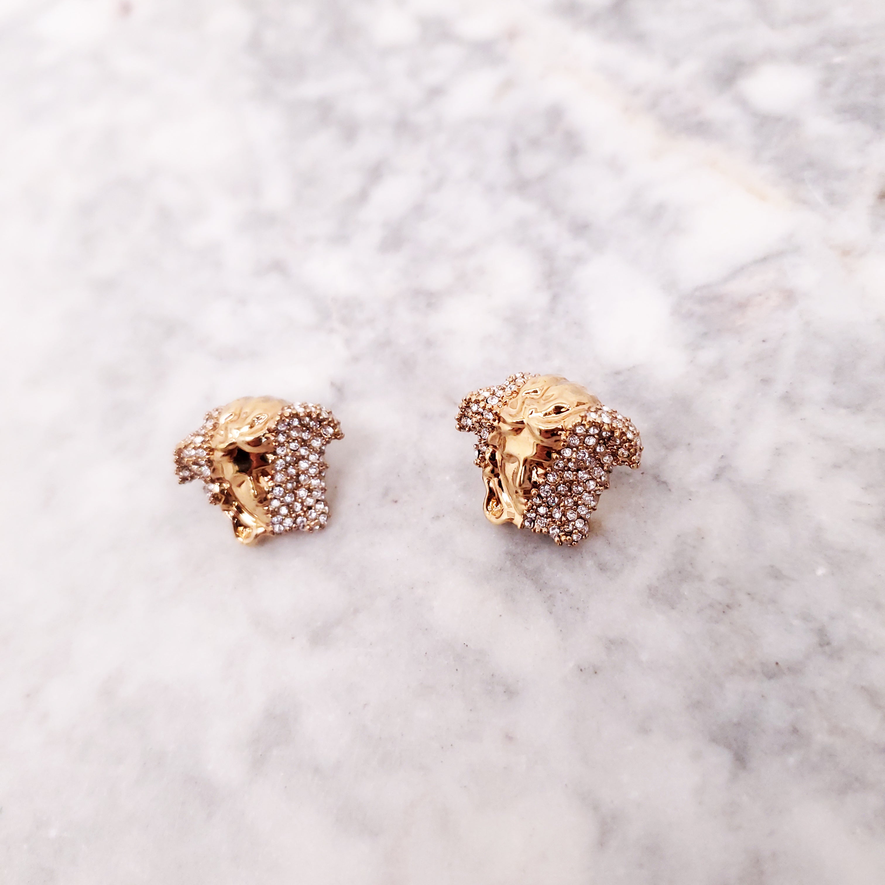 VERSACE GOLD PLATED CRYSTAL EMBELLISHED MEDUSA STUD EARRINGS