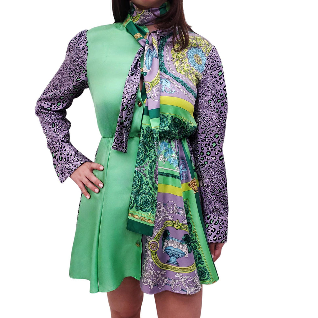VERSACE GREEN LEOPARD DRESS WITH TIE DETAIL - SIZE 38