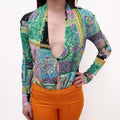 VERSACE GREEN MULTI-PATTERNED DRAPED BODYSUIT - SIZE 38