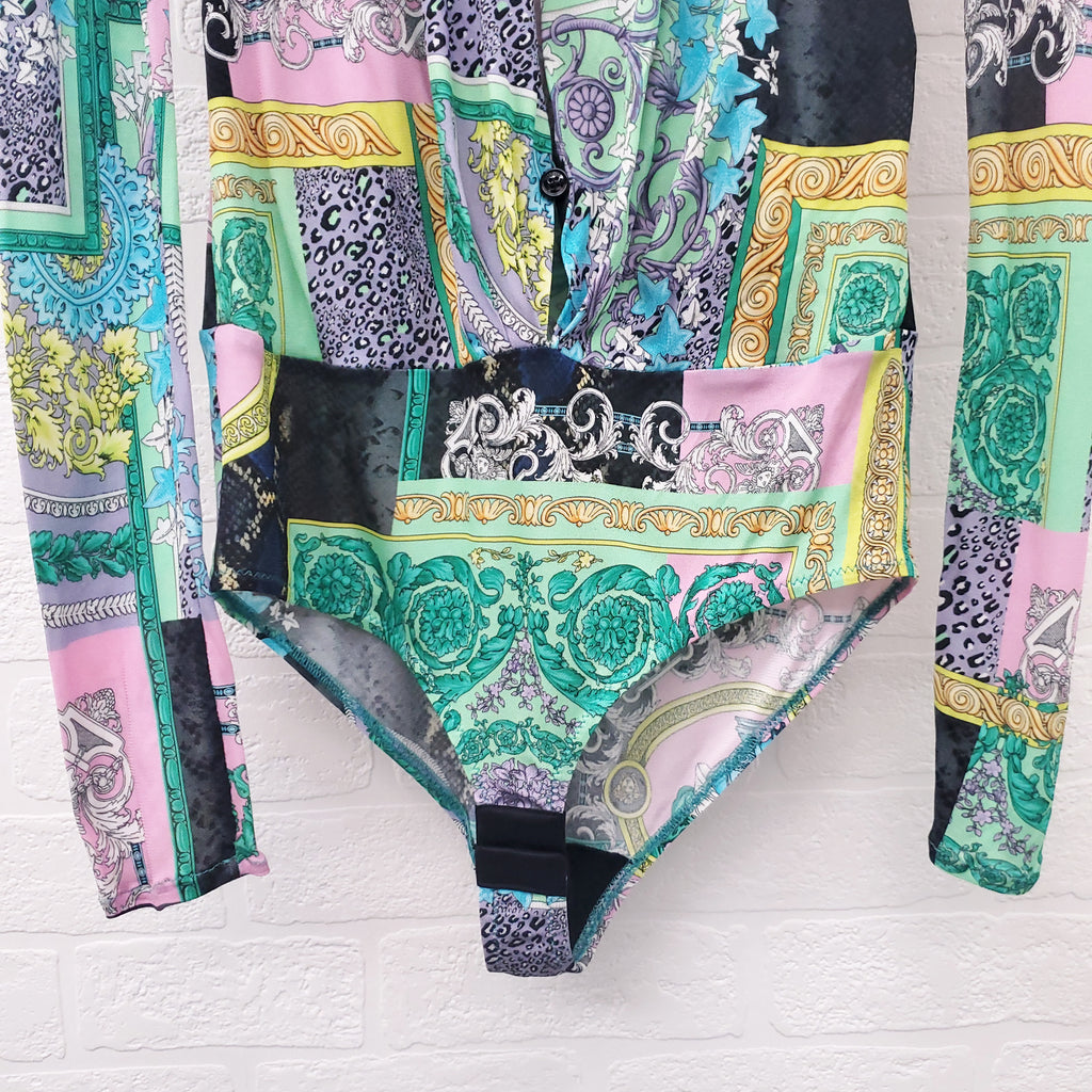 VERSACE GREEN MULTI-PATTERNED DRAPED BODYSUIT - SIZE 38