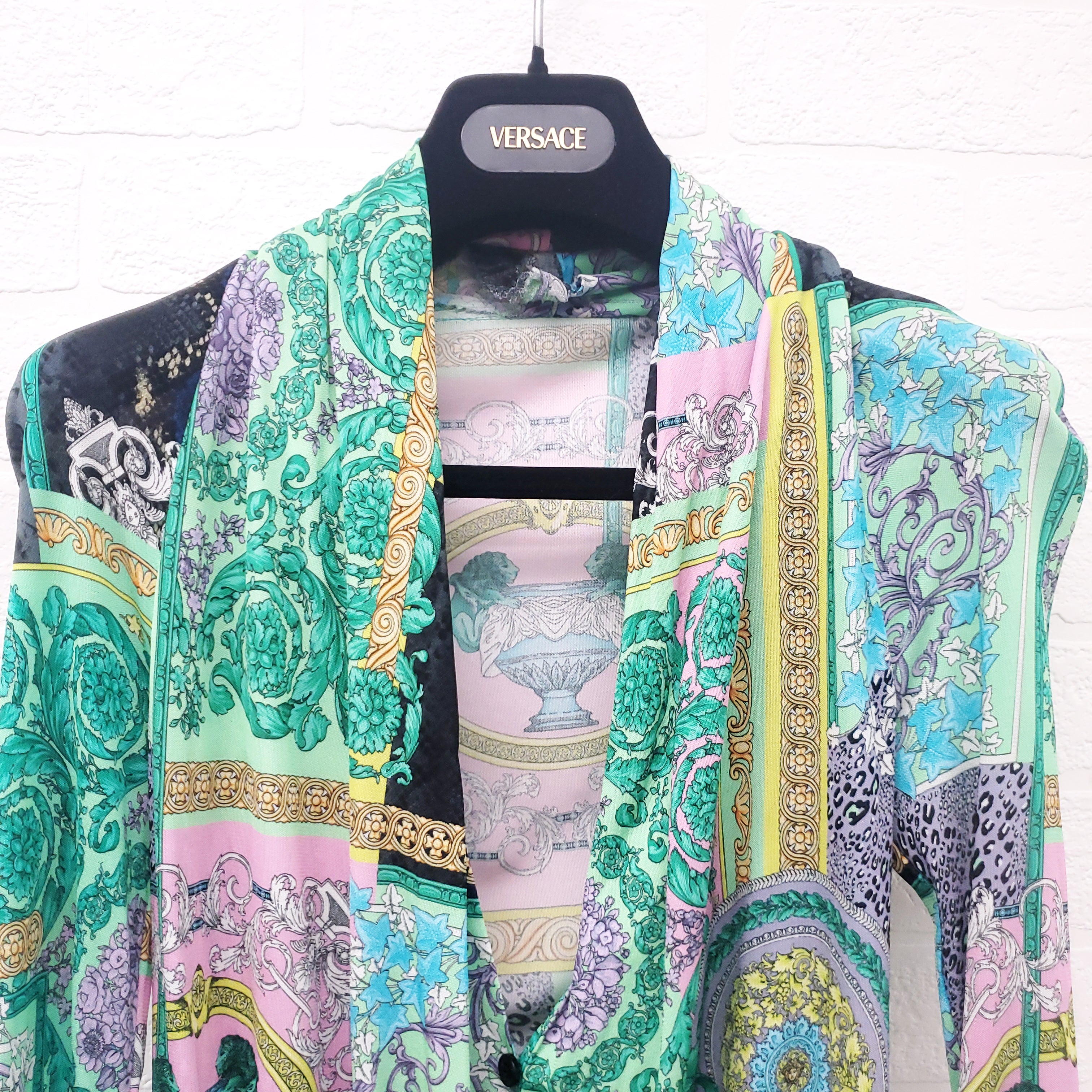 VERSACE GREEN MULTI-PATTERNED DRAPED BODYSUIT - SIZE 38